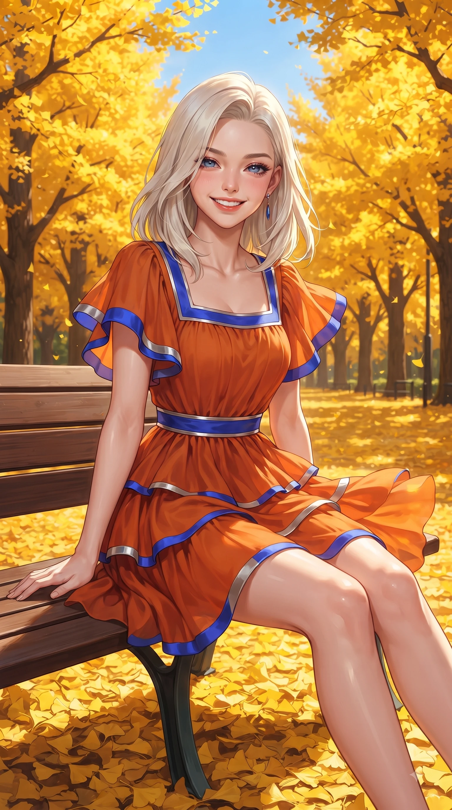 score_9, masterpiece, best quality, ultra-detailed, high-budget anime keyframe, editorial fashion photography, tasteful artistic composition, Caucasian woman. close-up cowboy shot from the waist and thighs up, the character dominates the composition, filling the frame with her large presence. Playful cute grin with eyes crinkling in pure girlhood delight, leaning forward with adorable energy while sitting on a classic park bench surrounded by a carpet of bright yellow fallen leaves. The surrounding environment is rendered in vivid detail and crisp panoramic clarity. endless golden ginkgo tree arcades, detailed leaf carpets, and crisp blue sky in panoramic focus. She has an exceptionally elegant, slender, and willowy female figure with an ultra-slim waist, a gracefully sculpted slender torso, and a refined silhouette. sharp v-shaped jawline, high-bridge nose, intricate jewel-like eyes with depth, thick eyelashes, glossy lips with a natural sheen, flawlessly proportioned anatomical accuracy, natural body alignment, perfectly sculpted elegant limbs, clean dynamic posture without body distortion. wearing a vibrant burnt orange chiffon tiered dress fluttering dynamically in the breeze in electric cobalt blue and polished silver accent, tailored from structured wool crepe with clean lines, featuring elegant flutter sleeves and a graceful square neckline, the form-contouring material accentuating her ultra-slim waist and long lines. bathed in brilliant golden autumn sunlight and warm tree canopy backlighting. ultra-reflective glossy finish, specular highlights, metallic sheen, high-contrast stereoscopic depth, volumetric dynamic lighting, 2k, ultra detail, master piece, 9:16 ratio