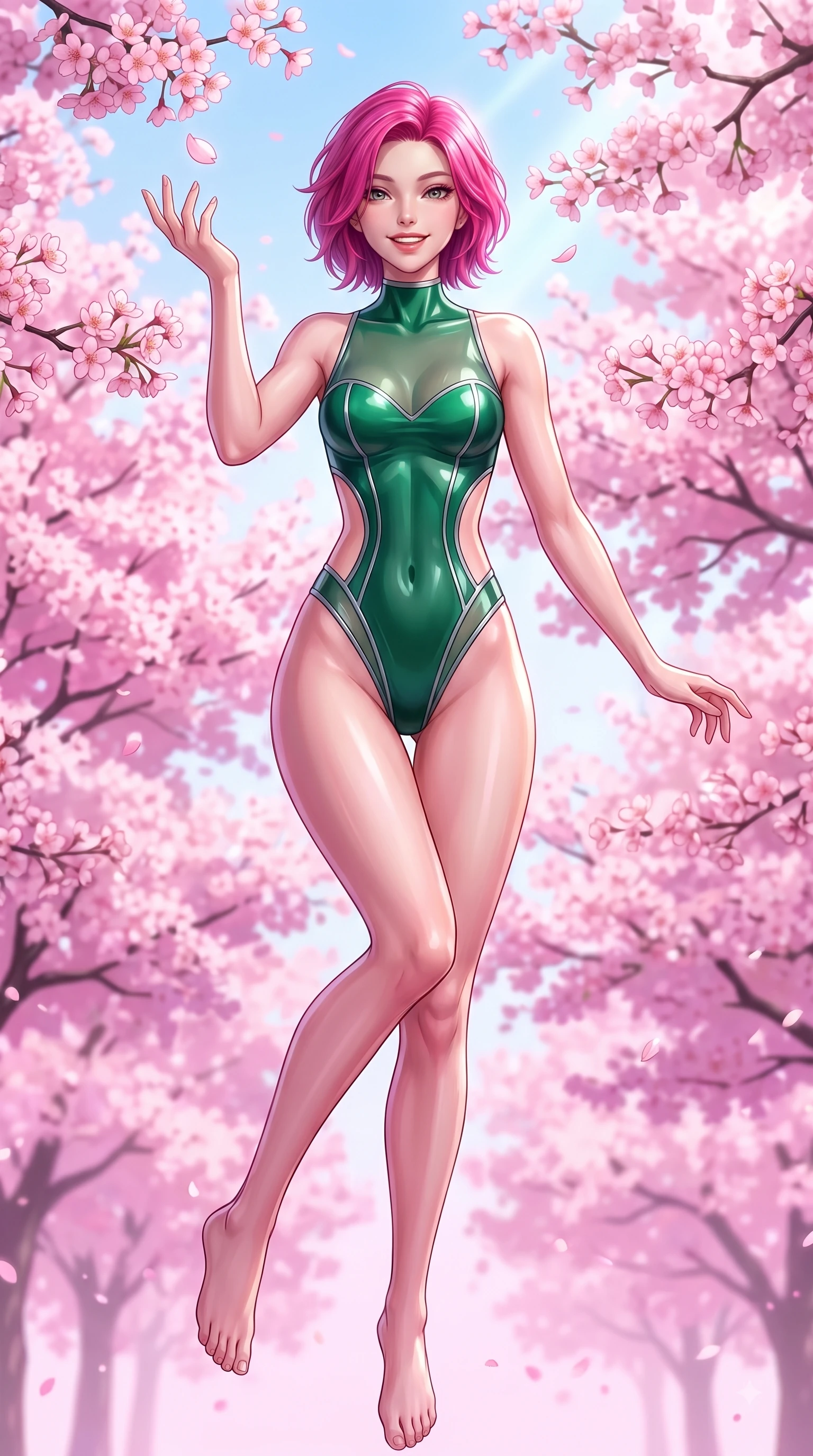 score_9, masterpiece, best quality, ultra-detailed, high-budget anime keyframe, editorial fashion photography, tasteful artistic composition, Caucasian woman. low angle full-body shot from head to toe showing her feet, filling the entire 9:16 vertical frame with her statuesque presence, stretching her vertical silhouette. performing a cheerful mid-air rotation with flawless poise, her radiant smile capturing fresh college girlhood energy while reaching her hand up playfully to catch a floating cherry blossom petal in mid-air, dense canopies of pink cherry blossoms fluttering in a gentle spring morning breeze. She has an absolutely perfect, statuesque 8.5-heads proportion, an exceptionally tall and slender model-like female figure with impossibly long slender legs and an ultra-slim waist. sharp v-shaped jawline, high-bridge nose, intricate jewel-like eyes with depth, thick eyelashes, glossy lips with a natural sheen, flawlessly proportioned anatomical accuracy, natural body alignment, perfectly sculpted elegant limbs, clean dynamic posture without body distortion. wearing a high-cut translucent vinyl leotard with front paneling and open back in deep emerald green and silver accent, crafted from smooth liquid silk, featuring clean architectural cutouts along her slender torso, the glove-like fit emphasizing her statuesque silhouette during motion. illuminated by soft glowing pink ambient light and clear sky refractions. highly saturated vibrant anime colors, detailed shading with soft gradients, rich glossy textures, high-contrast stereoscopic depth, volumetric dynamic lighting, master piece, 9:16 ratio