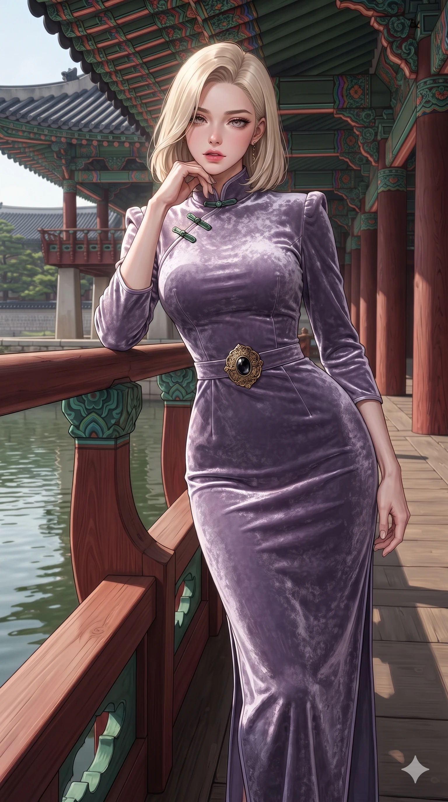 score_9, masterpiece, best quality, ultra-detailed, high-budget anime keyframe, editorial fashion photography, tasteful artistic composition, Caucasian woman. close-up cowboy shot from the waist and thighs up, the character dominates the composition, filling the frame with her large presence. resting one elbow on the lacquered balustrade and supporting her chin, leaning close to the camera with heavy-lidded sparkling eyes and parted lips while walking slowly down the grand wooden pavilion deck with regal dark elegance, hips swaying in an alluring supermodel rhythm. The surrounding environment is rendered in vivid detail and crisp panoramic clarity: detailed tiered sheer tulle gown tailoring, corseted waist structure, and historic Korean palace craftsmanship in razor-sharp clarity. She has an exceptionally elegant, slender, and willowy female figure with an ultra-slim waist, flat toned midriff, narrow ribcage, and sculpted feminine hips creating an alluring, slim hourglass silhouette without bulk. sharp v-shaped jawline, high-bridge nose, sparkling eyes with hypnotic seductive depth, thick curled eyelashes, glossy parted lips with a natural dewy peach sheen, alluring bedroom-eyes with an enchanting coquettish smile, exuding magnetic siren charisma and sophisticated glamour, flawlessly proportioned anatomical accuracy, strict slender model proportions, natural body alignment, perfectly sculpted long slender limbs, ultra-slim waistline, clean dynamic posture without body distortion. wearing a refined high-collar fusion qipao evening column gown with structured shoulders and modest jade toggle clasps in vintage bronze patina and pale wisteria lilac, tailored from crushed dark velvet with deep light-absorbing plush texture, accented with an authentic engraved gold medallion and obsidian cabochons, the impeccably tailored cut draping gracefully along her slender figure with aristocratic eastern poise. illuminated by lake water upward bounce and sharp silver-topaz rim lights defining her razor-sharp jawline, narrow waist, and curvy hips. ultra-reflective glossy finish, specular highlights, rich textural contrasts, high-contrast stereoscopic depth, volumetric dynamic lighting, 2k, ultra detail, master piece, 9:16 ratio