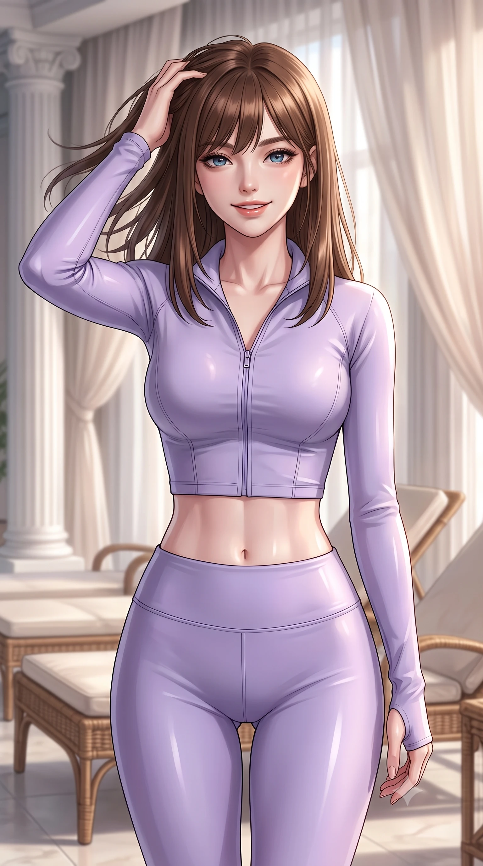 score_9, masterpiece, best quality, ultra-detailed, high-budget anime keyframe, editorial fashion photography, tasteful artistic composition, Korean woman. close-up cowboy shot from the waist and thighs up, the character dominates the composition, filling the frame with her large presence, background elements kept in soft focus. smiling with quiet, magnetic self-assurance directly into the camera, running a hand through her hair the background shows a soft-focus an indoor pool house with white columns, rattan lounge chairs, and sheer silk drapes. She has an exceptionally elegant, slender, and willowy female figure with an ultra-slim waist, a gracefully sculpted slender torso, and a refined silhouette. sharp v-shaped jawline, high-bridge nose, intricate jewel-like eyes with depth, thick eyelashes, glossy lips with a natural sheen. wearing a body-hugging body-hugging activewear set of a tailored zip-up long-sleeve crop top and matching high-waisted leggings in soft lavender. soft afternoon daylight filtered through drapes, creating a serene, dreamy mood. ultra-reflective glossy finish, specular highlights, metallic sheen, high-contrast stereoscopic depth, volumetric dynamic lighting, 2k, ultra detail, master piece, 9:16 ratio
