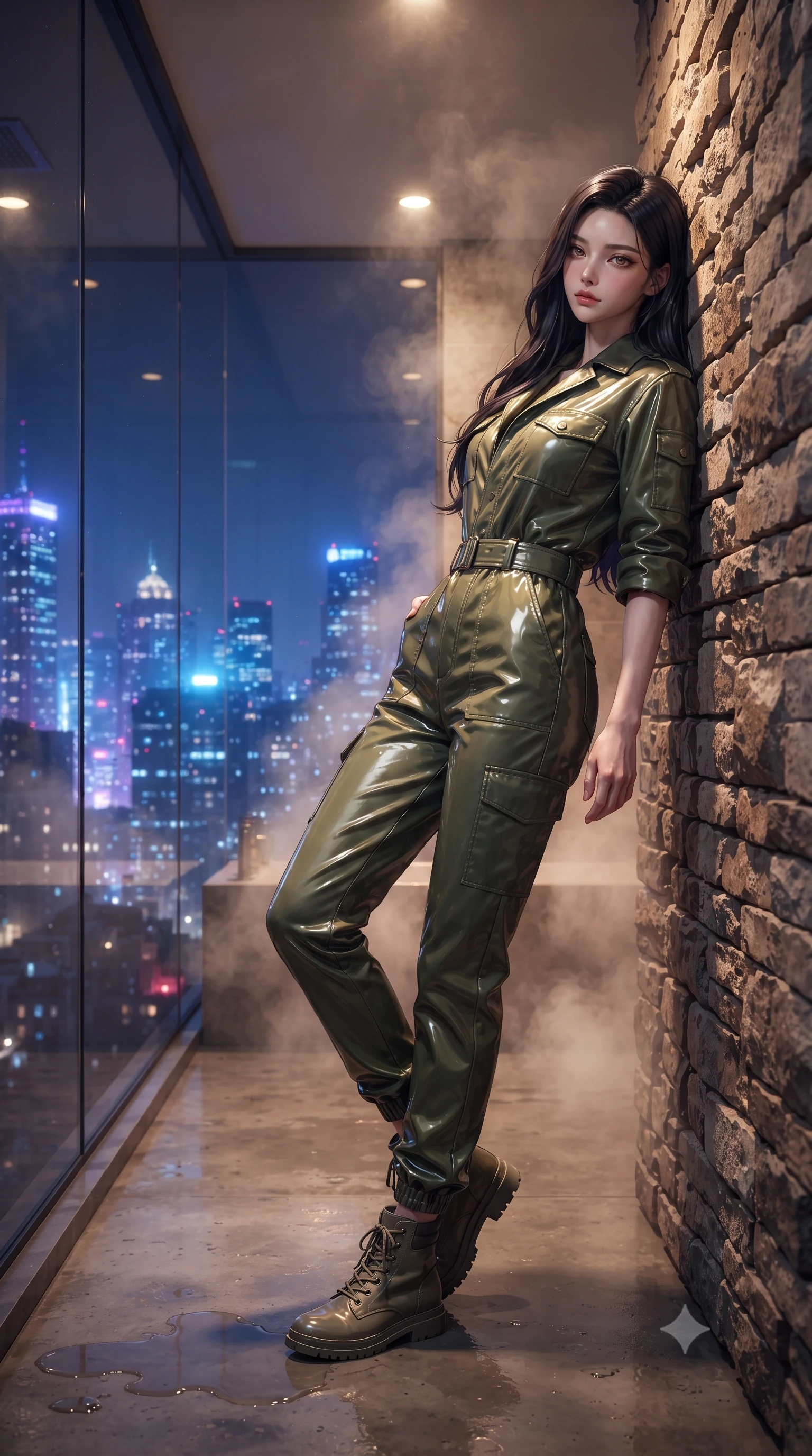 score_9, masterpiece, best quality, ultra-detailed, high-budget anime keyframe, editorial fashion photography, tasteful artistic composition, Korean woman woman. low angle full-body shot from head to toe showing her feet, filling the entire 9:16 vertical frame with her statuesque presence, stretching her vertical silhouette. leaning back against a rustic stone wall, casting a slow, alluring gaze at the camera the background shows a soft-focus a high-rise private steam room with glass walls overlooking the city lights at night. She has an absolutely perfect, statuesque 8.5-heads proportion, an exceptionally tall and slender model-like female figure with impossibly long slender legs and an ultra-slim waist. sharp v-shaped jawline, high-bridge nose, intricate jewel-like eyes with depth, thick eyelashes, glossy lips with a natural sheen. wearing a form-contouring comfortable olive green cotton utility jumpsuit with a structured collar and rolled-up sleeves. glittering blue and violet city skyline lights contrasting with warm steam glow. ultra-reflective glossy finish, specular highlights, metallic sheen, high-contrast stereoscopic depth, volumetric dynamic lighting, 2k, ultra detail, master piece, 9:16 ratio
