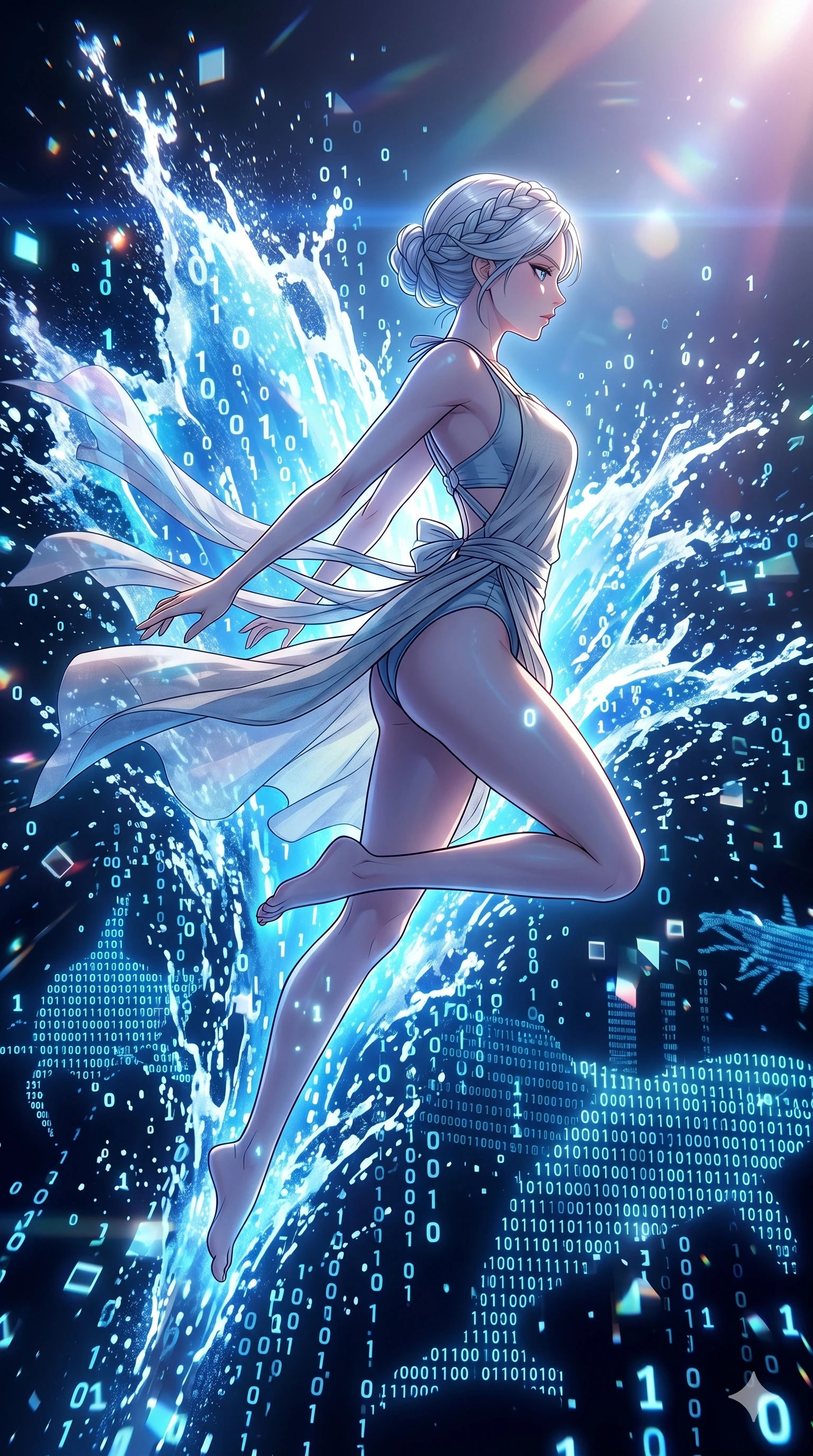 score_9, masterpiece, best quality, ultra-detailed, high-budget anime movie keyframe, cinematic anime lighting, intricate line art, Japanese anime girl. Mid-air action shot capturing a graceful twist and vertical silhouette. diving into a digital ocean of binary code, creating a massive splash of data. She has an absolutely perfect 8-heads proportion, an exceptionally tall and slender female figure with an ultra-slim waist and impossibly long slender legs. strictly human anatomy, two legs only, no extra limbs, clearly defined legs and arms, perfect anatomy, perfect hands and fingers. sharp v-shaped jawline, high-bridge nose, intricate jewel-like eyes, thick eyelashes, glossy lips. Wearing Seasonal/Resort: High-cut one-piece with sarong, linen sundress with tie-back, and sheer fabric wrap. The scene is illuminated by dramatic atmospheric lighting and vibrant color palettes. , 2k, ultra detail, master piece, 9:16 ratio