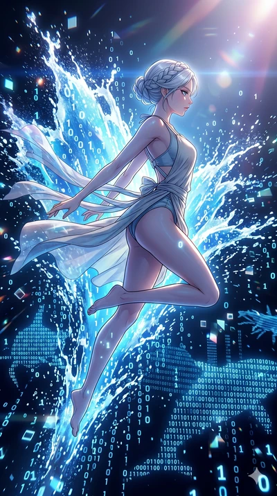 score_9, masterpiece, best quality, ultra-detailed, high-budget anime movie keyframe, cinematic anime lighting, intricate line art, Japanese anime girl. Mid-air action shot capturing a graceful twist and vertical silhouette. diving into a digital oce