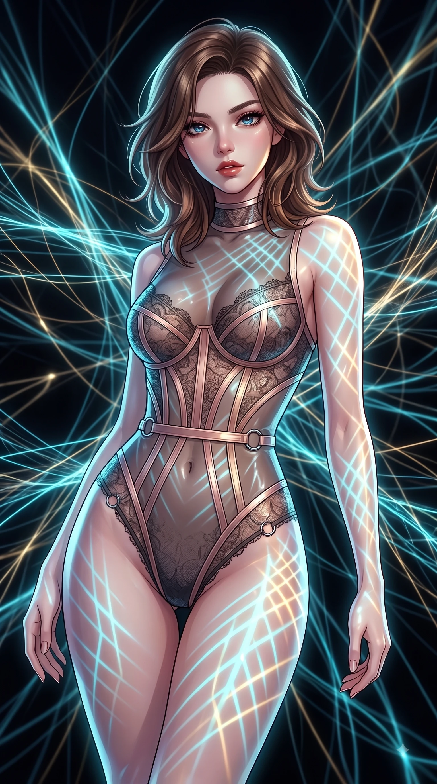 score_9, masterpiece, best quality, ultra-detailed, high-budget anime keyframe, editorial fashion photography, tasteful artistic composition, Korean woman. close-up cowboy shot from the waist and thighs up, the character dominates the composition, filling the frame with her large presence, background elements kept in soft focus. Leaning forward gracefully with lips parted, casting a smoldering magnetic gaze directly into the lens while standing in a dark void woven with thousands of cyan and gold light threads in a seductive pose, intricate geometric lattice patterns of light projected onto her skin and clothing. She has an exceptionally elegant, slender, and willowy female figure with an ultra-slim waist, a gracefully sculpted slender torso, and a refined silhouette. sharp v-shaped jawline, high-bridge nose, intricate jewel-like eyes with depth, thick eyelashes, glossy lips with a natural sheen, flawlessly proportioned anatomical accuracy, natural body alignment, perfectly sculpted elegant limbs, clean dynamic posture without body distortion. wearing a sheer dark lace pattern bodysuit with structured corsetry boning in dusty rose and champagne gold, woven from fine semi-opaque sheer organza, accented with delicate chrome ring hardware framing her waist, the tailored fabric tightly following every curve of her athletic build. illuminated by the brilliant glow of cyan and gold luminescent plasma threads. highly saturated vibrant anime colors, detailed shading with soft gradients, rich glossy textures, high-contrast stereoscopic depth, volumetric dynamic lighting, master piece, 9:16 ratio