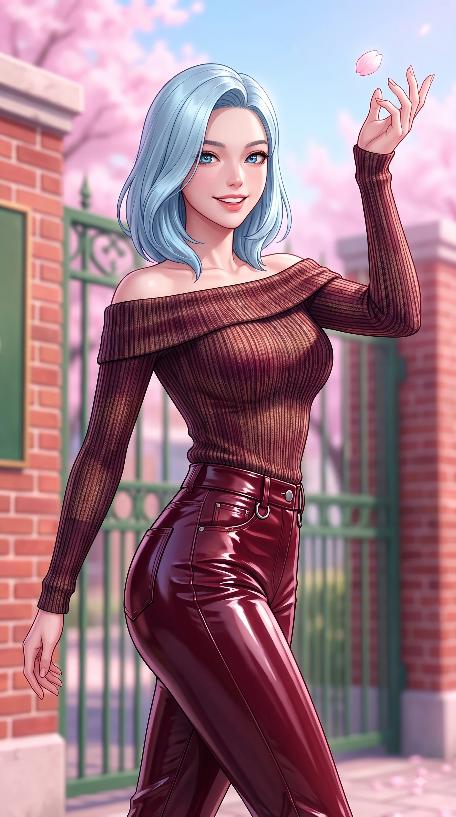 score_9, masterpiece, best quality, ultra-detailed, high-budget anime keyframe, editorial fashion photography, tasteful artistic composition, Korean woman. close-up cowboy shot from the waist and thighs up, the character dominates the composition, filling the frame with her large presence, background elements kept in soft focus. Gazing directly into the camera with a fresh, infectious smile as her torso curves dynamically in mid-stride while reaching her hand up playfully to catch a floating cherry blossom petal in mid-air, classic red-brick school walls and green iron gates framing a sweet academy scene. She has an exceptionally elegant, slender, and willowy female figure with an ultra-slim waist, a gracefully sculpted slender torso, and a refined silhouette. sharp v-shaped jawline, high-bridge nose, intricate jewel-like eyes with depth, thick eyelashes, glossy lips with a natural sheen, flawlessly proportioned anatomical accuracy, natural body alignment, perfectly sculpted elegant limbs, clean dynamic posture without body distortion. wearing a sleek off-shoulder ribbed knit top paired with high-waist tailored pants in deep burgundy and bronze, tailored from high-gloss patent leather, accented with delicate chrome ring hardware framing her waist, the tailored fabric tightly following every curve of her athletic build. illuminated by soft glowing pink ambient light and clear sky refractions. highly saturated vibrant anime colors, detailed shading with soft gradients, rich glossy textures, high-contrast stereoscopic depth, volumetric dynamic lighting, master piece, 9:16 ratio