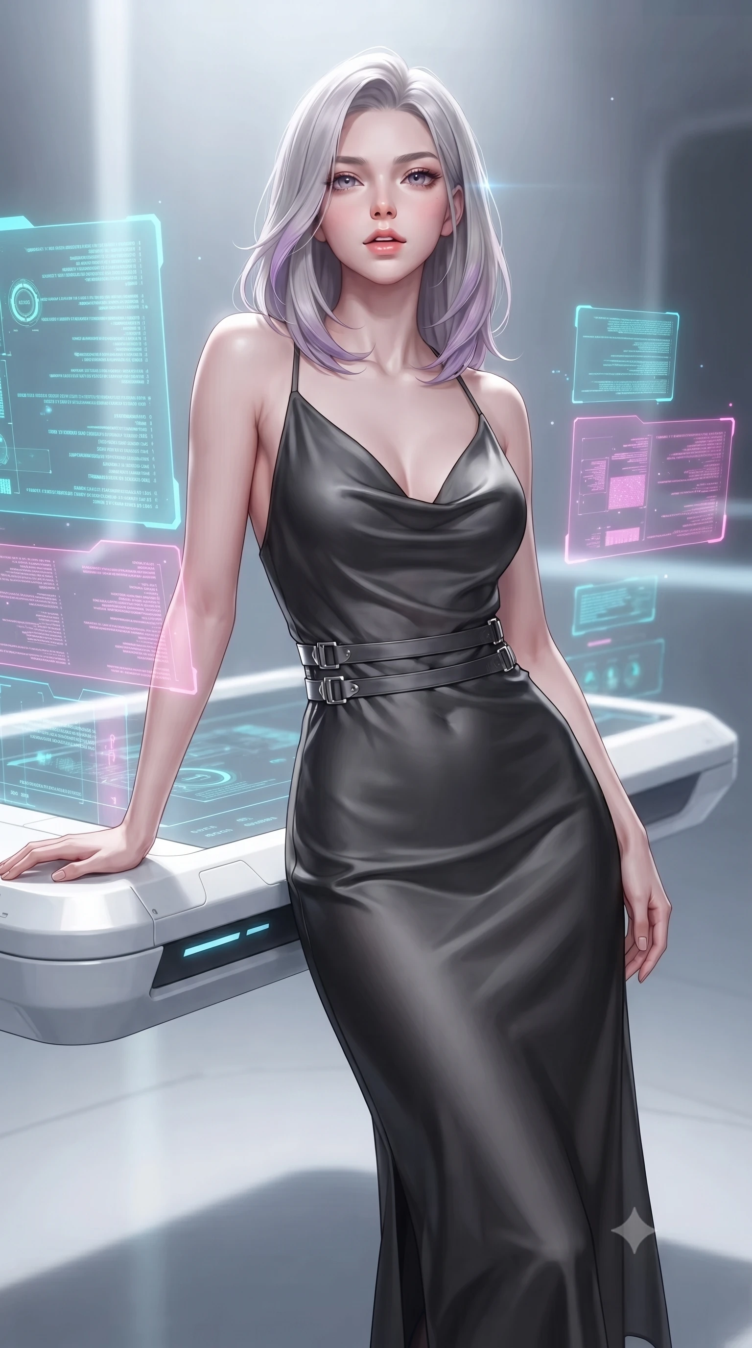 score_9, masterpiece, best quality, ultra-detailed, high-budget anime keyframe, editorial fashion photography, tasteful artistic composition, Caucasian woman. close-up cowboy shot from the waist and thighs up, the character dominates the composition, filling the frame with her large presence, background elements kept in soft focus. Tilting her chin up slightly with lips parted in a magnetic, composed expression resting on a sleek white floating console amidst glowing code streams, translucent cyan and magenta holographic panels hovering seamlessly. She has an exceptionally elegant, slender, and willowy female figure with an ultra-slim waist, a gracefully sculpted slender torso, and a refined silhouette. sharp v-shaped jawline, high-bridge nose, intricate jewel-like eyes with depth, thick eyelashes, glossy lips with a natural sheen. wearing an elegant cowl-neck satin midi dress with a draped neckline in matte black and polished silver, woven from fine semi-opaque sheer organza, detailed with polished silver buckles along the waistline, the glove-like fit emphasizing her statuesque silhouette. lit by bright volumetric laser beams and soft specular highlights. ultra-reflective glossy finish, specular highlights, metallic sheen, high-contrast stereoscopic depth, volumetric dynamic lighting, 2k, ultra detail, master piece, 9:16 ratio
