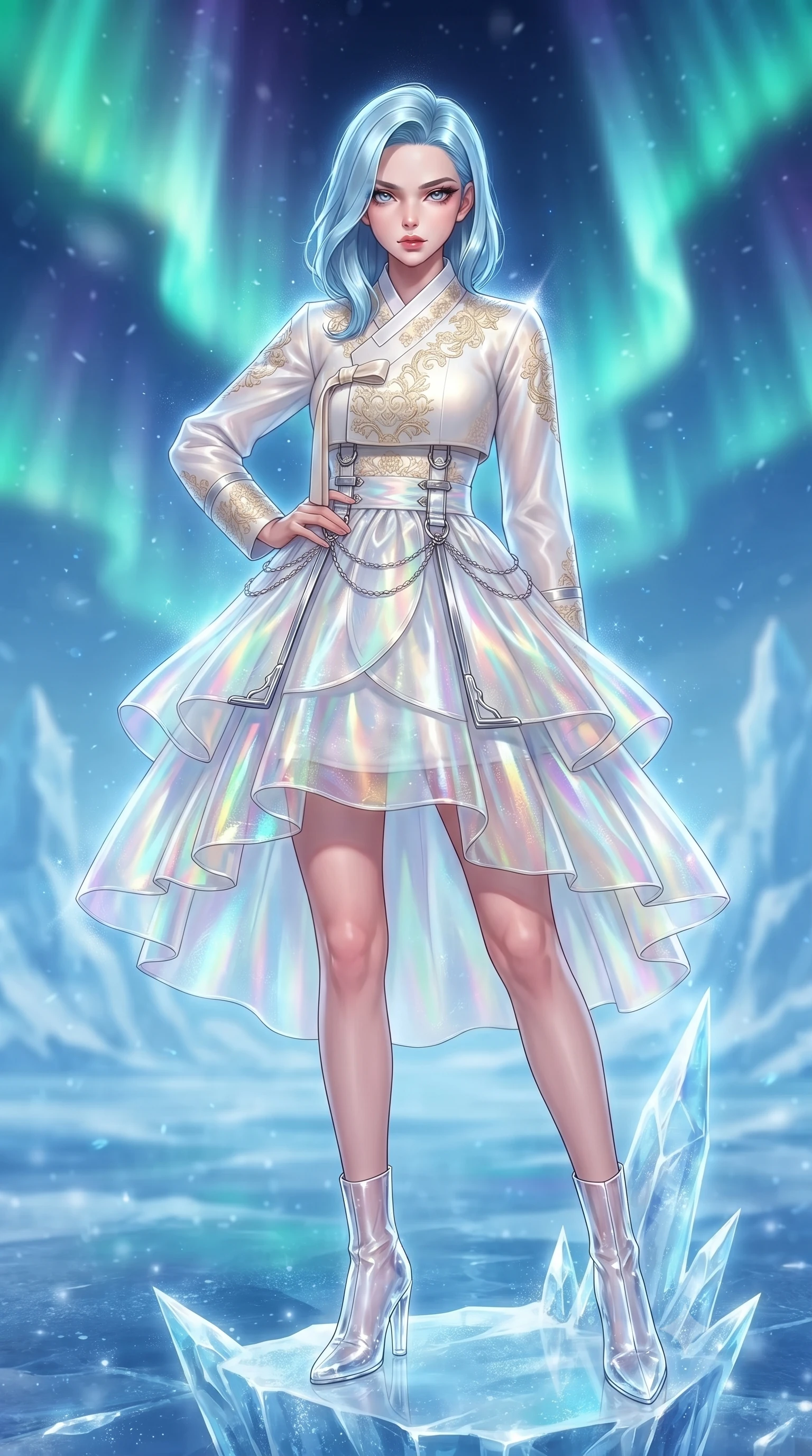 score_9, masterpiece, best quality, ultra-detailed, high-budget anime keyframe, editorial fashion photography, tasteful artistic composition, Korean woman. close-up cowboy shot from the waist and thighs up, the character dominates the composition, filling the frame with her large presence, background elements kept in soft focus. Holding a confident power pose with one hand on her hip, standing atop a razor-sharp crystal ice spire under a blazing polar aurora sky, fine frost dust floating in the crystal-clear sub-zero air. She has an exceptionally elegant, slender, and willowy female figure with an ultra-slim waist, a gracefully sculpted slender torso, and a refined silhouette. sharp v-shaped jawline, high-bridge nose, intricate jewel-like eyes with depth, thick eyelashes, glossy lips with a natural sheen. wearing modern fusion white hanbok dress with structured gold-embroidered bodice in glowing ivory, made of iridescent hologram organza, framed by polished silver buckles and delicate chain details, sculpting her athletic slender build with refined precision. surrounded by a freezing polar aura with sharp rainbow edge lights. highly saturated vibrant anime colors, detailed shading with soft gradients, rich glossy textures, high-contrast stereoscopic depth, volumetric dynamic lighting, master piece, 9:16 ratio