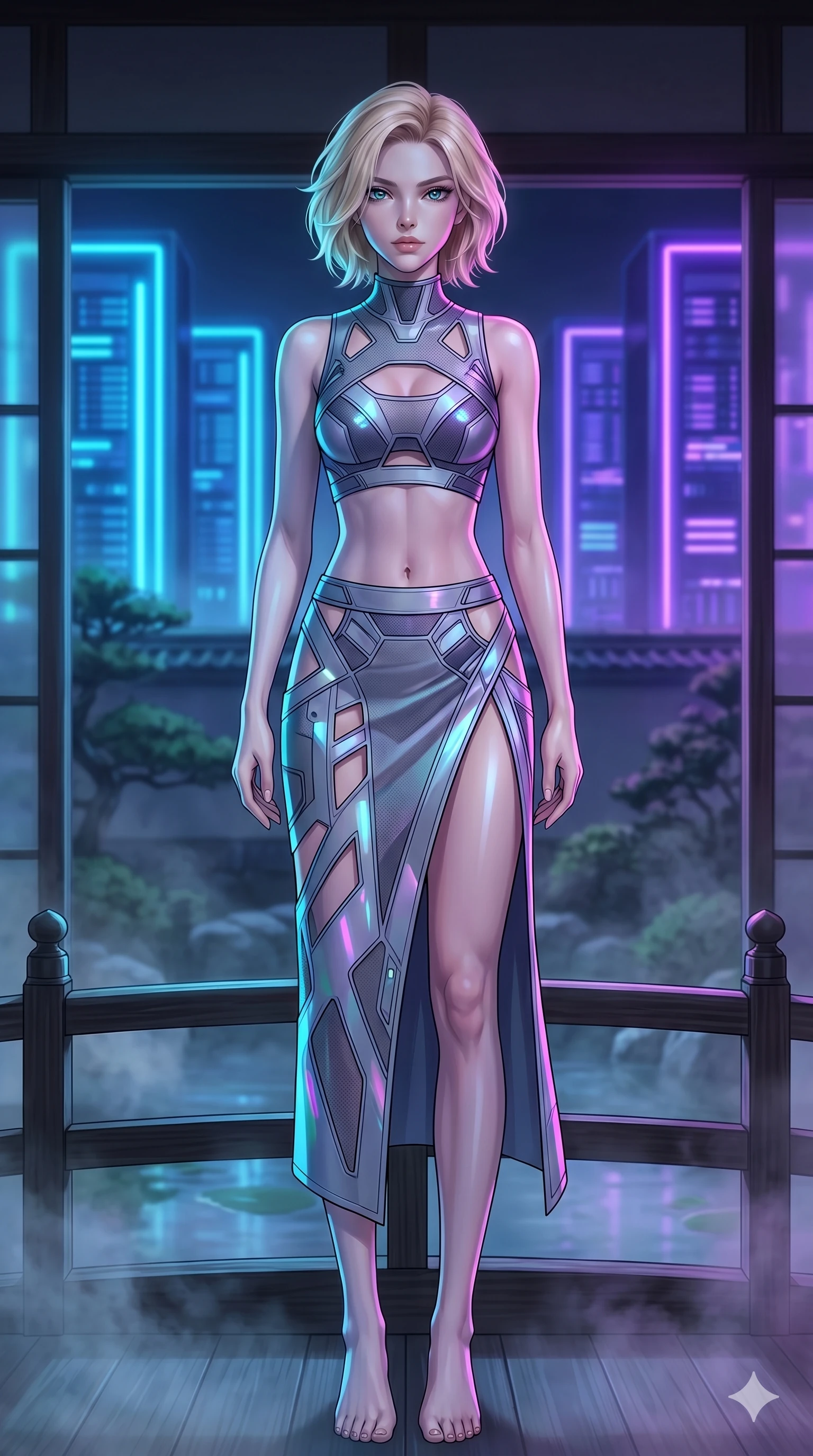 score_9, masterpiece, best quality, ultra-detailed, high-budget anime keyframe, editorial fashion photography, tasteful artistic composition, Caucasian woman, strictly human ears. cowboy shot from the thighs up, character and outfit filling the frame for maximum editorial presence. holding a powerful pose, looking past the camera with an air of effortless superiority on a bridge in a traditional Japanese garden with rising mist (Code-P17-086). She has an absolutely perfect 8-heads proportion, an exceptionally tall and slender female figure with impossibly long slender legs and an ultra-slim waist. V-shaped jawline, high-bridge nose, intricate jewel-like eyes with depth, thick eyelashes, glossy lips with a natural sheen. wearing a crop top showing her bare midriff and a matching high-slit skirt. neon blue and violet light from the servers casting sharp specular highlights on her outfit. 2k, ultra detail, master piece, 9:16 ratio