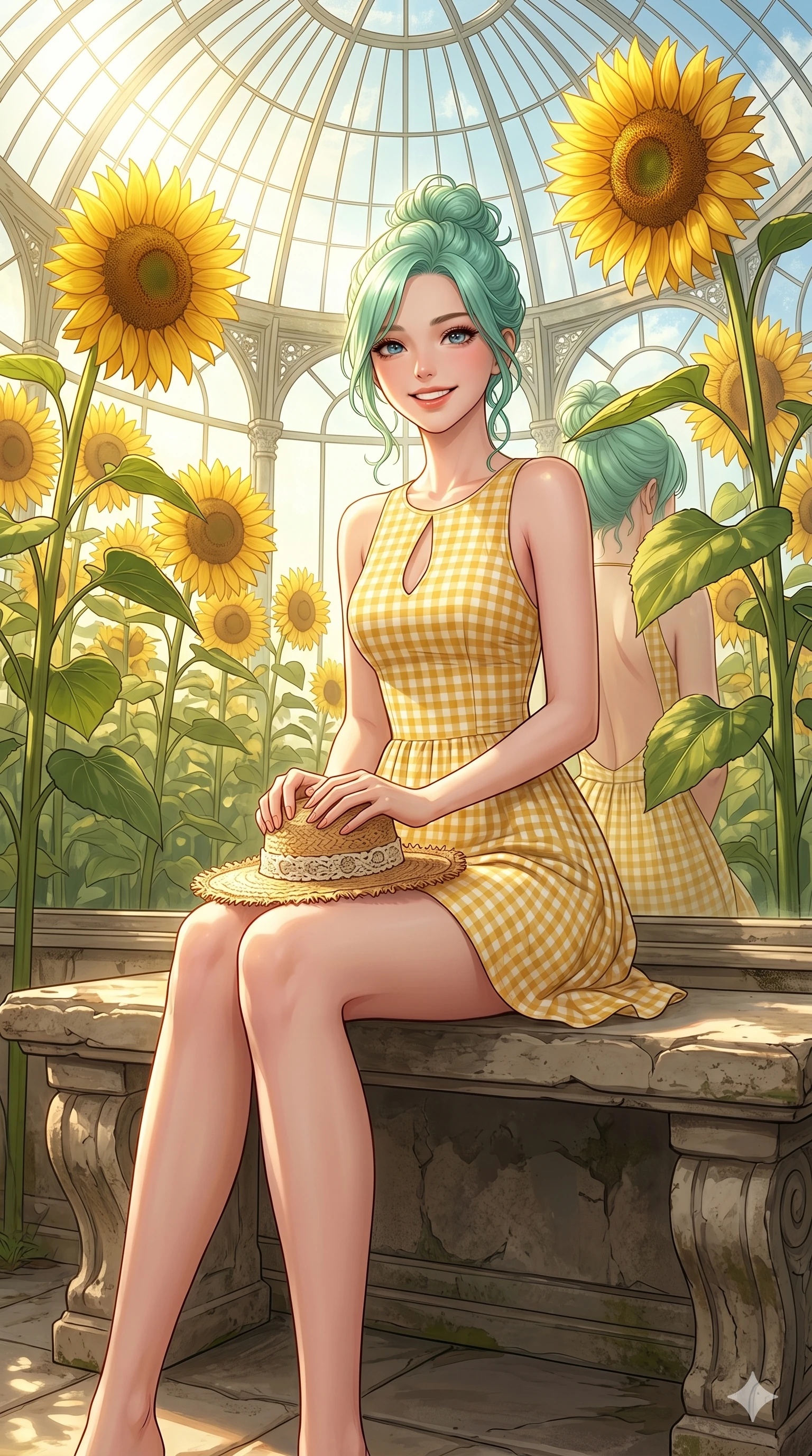 score_9, masterpiece, best quality, ultra-detailed, high-budget anime keyframe, editorial fashion photography, tasteful artistic composition, Japanese woman. cowboy shot from the thighs up, character and outfit filling the frame for maximum editorial presence. smiling happily with both hands resting on her lap, looking directly at the viewer sitting on a rustic stone bench inside a glass dome filled with giant sunflowers. She has an absolutely perfect 8-heads proportion, an exceptionally tall and slender female figure with impossibly long slender legs and an ultra-slim waist. V-shaped jawline, high-bridge nose, intricate jewel-like eyes with depth, thick eyelashes, glossy lips with a natural sheen. wearing a yellow and white gingham cotton dress with a tasteful keyhole cutout and bare back. drenched in bright, direct sunshine that highlights her bright, joyful expression. 2k, ultra detail, master piece, 9:16 ratio