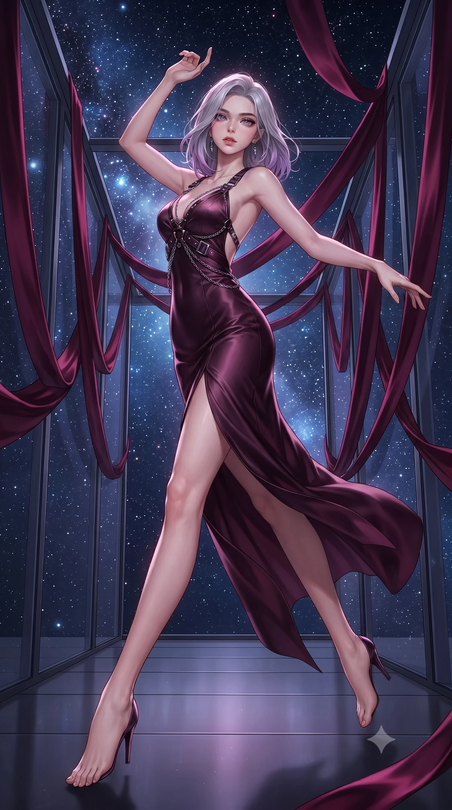 score_9, masterpiece, best quality, ultra-detailed, high-budget anime keyframe, editorial fashion photography, tasteful artistic composition, Caucasian woman. low angle full-body shot from head to toe showing her feet, filling the entire 9:16 vertical frame with her statuesque presence, stretching her vertical silhouette. leaping dynamically through the starry space, her posture full of power and elegance, walking down a glass corridor draped in heavy dark crimson silk ribbons, daring open-back design accentuating her ultra-slim waistline. She has an absolutely perfect, statuesque 8.5-heads proportion, an exceptionally tall and slender model-like female figure with impossibly long slender legs and an ultra-slim waist. sharp v-shaped jawline, high-bridge nose, intricate jewel-like eyes with depth, thick eyelashes, glossy lips with a natural sheen. wearing form-contouring dark crimson liquid silk long slip dress in dark plum violet, made of soft crimson satin, framed by dark titanium buckles and silver chain details, accentuating her gracefully sculpted slender torso. illuminated by eerie ruby orchid glow and cold silver moonlight from above. highly saturated vibrant anime colors, detailed shading with soft gradients, rich glossy textures, high-contrast stereoscopic depth, volumetric dynamic lighting, master piece, 9:16 ratio