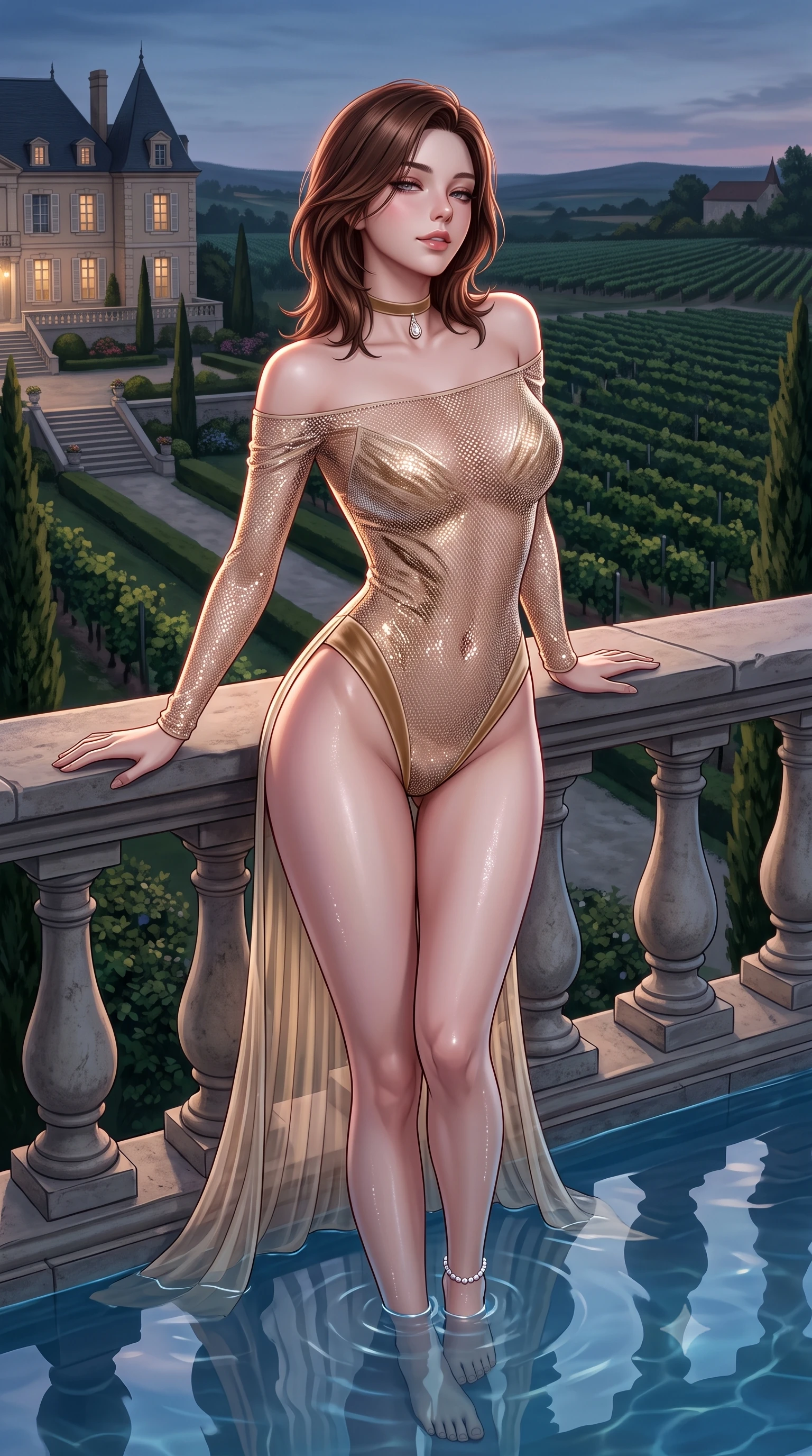 score_9, masterpiece, best quality, ultra-detailed, high-budget anime keyframe, semi-realistic 3D game render, editorial fashion photography, tasteful artistic composition, Korean woman. close-up cowboy shot from the waist and thighs up, the character dominates the composition, filling the frame with her large presence. leaning back against the balustrade with relaxed seductive grace, head tilted back slightly while casting a hypnotic, heavy-lidded gaze while standing knee-deep in the mirror-smooth pool with hips cocked back, looking over a bare shoulder toward the vineyard with smoldering siren allure. The surrounding environment is rendered in vivid detail and crisp panoramic clarity: detailed semi-sheer pleated chiffon dress cling, delicate pearl ankle wrap gleam, and luxury chateau landscaping in high resolution. She has an exceptionally elegant, slender, and willowy female figure with an ultra-slim waist, flat toned midriff, narrow ribcage, and sculpted feminine hips creating an alluring, slim hourglass silhouette without bulk. sharp v-shaped jawline, high-bridge nose, sparkling eyes with hypnotic seductive depth, thick curled eyelashes, glossy parted lips with a natural dewy peach sheen, alluring bedroom-eyes with an enchanting coquettish smile, exuding magnetic siren charisma and sophisticated glamour, flawlessly proportioned anatomical accuracy, strict slender model proportions, natural body alignment, perfectly sculpted long slender limbs, ultra-slim waistline, clean dynamic posture without body distortion. wearing an off-the-shoulder sheer-illusion mesh bodysuit with strategic velvet flocking and high-cut leg openings in desert gold and shimmering sand dune champagne, crafted from shimmering fluid chainmail mesh reflecting ambient lights, finished with a thin velvet ribbon choker and a single teardrop diamond pendant, the form-contouring silhouette accentuating her sculpted flat midriff, narrow delicate ribcage, and gracefully curvy hips with intoxicating allure. illuminated by pool water specular reflections and sharp rose-gold rim lights defining her delicate clavicles, ultra-slim waist, and curvy hips. highly saturated vibrant anime colors, detailed shading with soft gradients, rich glossy textures, high-contrast stereoscopic depth, volumetric dynamic lighting, master piece, 9:16 ratio