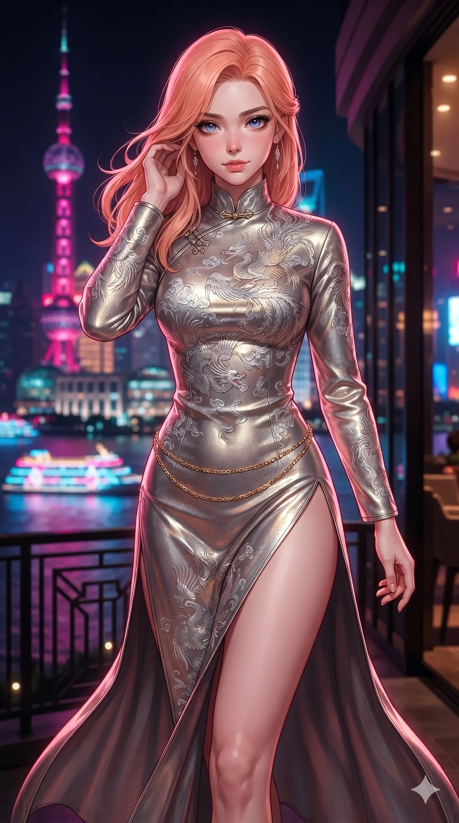 score_9, masterpiece, best quality, ultra-detailed, high-budget anime keyframe, editorial fashion photography, tasteful artistic composition, Japanese woman. close-up cowboy shot from the waist and thighs up, the character dominates the composition, filling the frame with her large presence. gently brushing a lock of hair behind her ear while casting a playful, flirtatious side-gaze with long eyelashes while striding across the penthouse terrace as river breezes whip her high-slit dress open, accentuating her long slender legs and curvy hips. The background shows a soft-focus blazing neon spires of the Oriental Pearl Tower, illuminated Huangpu river cruise ships, and geometric Art Deco railings blurred into magenta, electric cyan, and deep obsidian bokeh. She has an exceptionally elegant, slender, and willowy female figure with an ultra-slim waist, flat toned midriff, narrow ribcage, and sculpted feminine hips creating an alluring, slim hourglass silhouette without bulk. sharp v-shaped jawline, high-bridge nose, intricate jewel-like sparkling eyes with depth, thick eyelashes, glossy parted lips with a natural sheen, intensely captivating and seductive bedroom-eyes expression, exuding both youthful cute charm and sovereign luxury allure, flawlessly proportioned anatomical accuracy, strict slender model proportions, natural body alignment, perfectly sculpted long slender limbs, ultra-slim waistline, clean dynamic posture without body distortion. wearing an aristocratic high-neck Mandarin collar long-sleeve silk cheongsam evening gown with embroidered dragon-and-phoenix crests in shimmering silver mercury and pearl white, crafted from luxurious metallic lamé that shifts radiance with every step, accented with a delicate gold chain belt resting loosely on her curvy hips, the bespoke structured tailoring following the natural line of her 8.5-heads silhouette with refined elegance. bathed in vibrant magenta and electric cyan river skyline reflections contrasting with warm amber interior downlights. ultra-reflective glossy finish, specular highlights, rich textural contrasts, high-contrast stereoscopic depth, volumetric dynamic lighting, 2k, ultra detail, master piece, 9:16 ratio