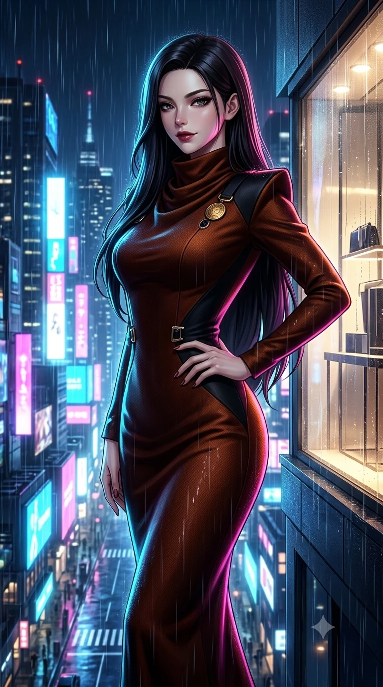 score_9, masterpiece, best quality, ultra-detailed, high-budget anime keyframe, semi-realistic 3D game render, editorial fashion photography, tasteful artistic composition, Korean woman. close-up cowboy shot from the waist and thighs up, the character dominates the composition, filling the frame with her large presence. pausing beside an illuminated luxury boutique window with hips cocked back, glancing back with an enchanting, dangerous smile through falling rain while twisting her slender torso in an alluring contrapposto stance above the glowing megalopolis, electric neon reflections contouring her waist and hips. The surrounding environment is rendered in vivid detail and crisp panoramic clarity: detailed form-fitting liquid mercury dress tailoring, metallic clasp accents, and modern high-altitude architecture in razor-sharp precision. She has an exceptionally elegant, slender, and willowy female figure with an ultra-slim waist, flat toned midriff, narrow ribcage, and sculpted feminine hips creating an alluring, slim hourglass silhouette without bulk. sharp v-shaped jawline, high-bridge nose, intricate jewel-like dark sparkling eyes with dangerous depth, thick curled eyelashes, glossy parted lips with a rich wine sheen, smoldering seductive half-smile with bedroom-eyes, exuding effortless superiority and intoxicating dark allure, flawlessly proportioned anatomical accuracy, strict slender model proportions, natural body alignment, perfectly sculpted long slender limbs, ultra-slim waistline, clean dynamic posture without body distortion. wearing a bespoke architectural wool-crepe column gown with high cowl neck and sharp structured shoulders in dark burnt copper and matte black, woven from bespoke high-density barathea wool with refined ceremonial hold, finished with an authentic engraved gold medallion and obsidian cabochons, the impeccably tailored cut draping gracefully along her slender figure with aristocratic noir poise. bathed in the blinding, radiant glow of a hundred giant LED screens washing upward from the street level. highly saturated vibrant anime colors, detailed shading with soft gradients, rich glossy textures, high-contrast stereoscopic depth, volumetric dynamic lighting, master piece, 9:16 ratio