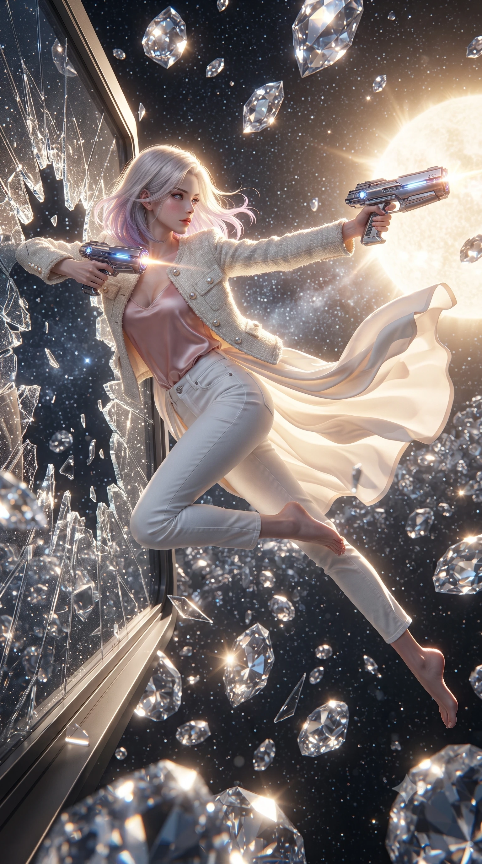 score_9, masterpiece, best quality, ultra-detailed, high-budget anime keyframe, editorial fashion photography, tasteful artistic composition, realistic cosplay photography, Caucasian woman, strictly human ears. low angle full-body shot from head to toe showing her feet, filling the entire 9:16 vertical frame with her statuesque presence, stretching her vertical silhouette. diving sideways through a breaking glass window while shooting her plasma blasters inside an asteroid belt composed of crystalline diamond rocks reflecting the light of a nearby supergiant star, space dust glittering. She has a statuesque 8.5-heads proportion, an exceptionally tall, slender and willowy model-like build with impossibly long legs and a highly sculpted ultra-slim waist. sharp v-shaped jawline, high-bridge nose, intricate jewel-like eyes with depth, thick eyelashes, glossy lips with a natural sheen. wearing the lightweight fabric rippling and billowing dramatically with her movement, a form-contouring structured ivory tweed jacket with pearl buttons over a blush pink silk camisole and white denim trousers. dramatic backlight creating a radiant halo effect around her entire silhouette. ultra-reflective glossy finish, specular highlights, metallic sheen, high-contrast stereoscopic depth, volumetric dynamic lighting, 2k, ultra detail, master piece, 9:16 ratio
