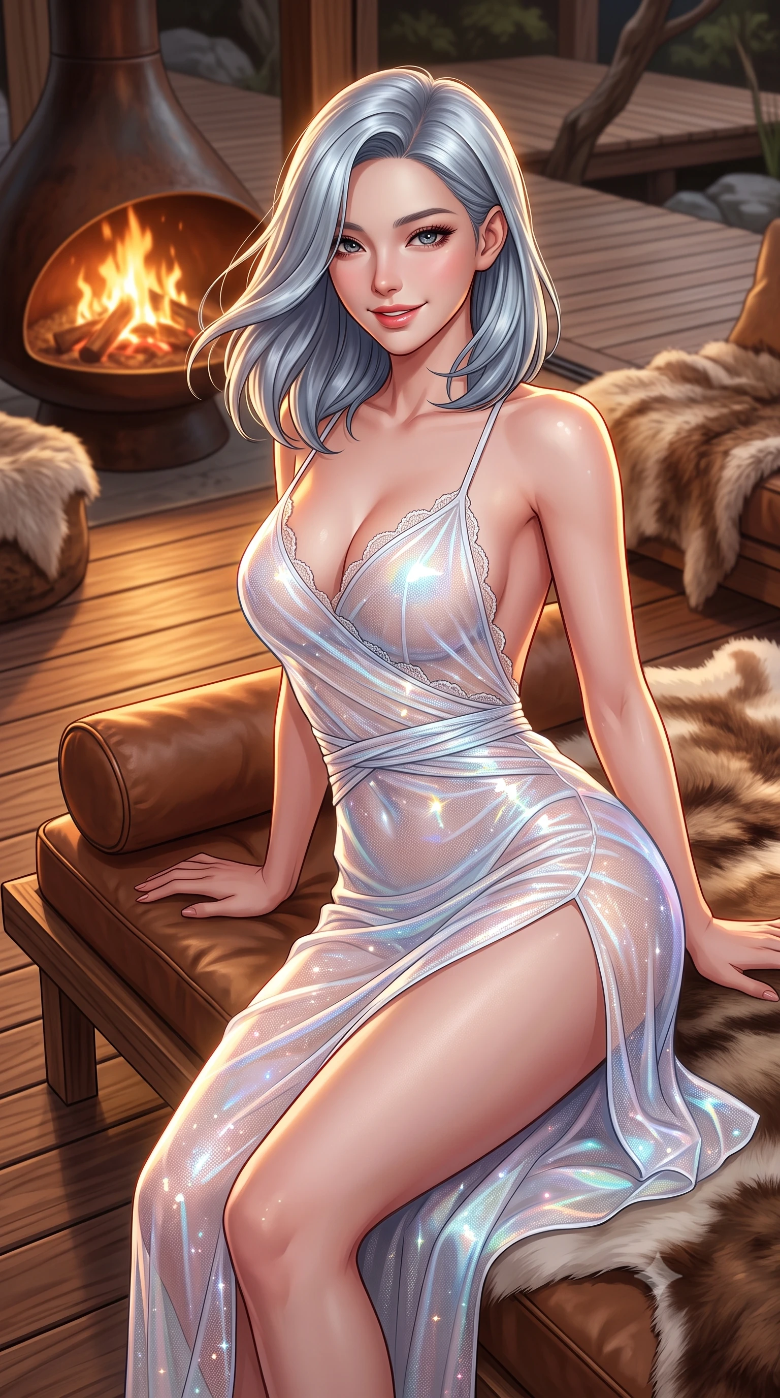 score_9, masterpiece, best quality, ultra-detailed, high-budget anime keyframe, semi-realistic 3D game render, editorial fashion photography, tasteful artistic composition, Korean woman. close-up cowboy shot from the waist and thighs up, the character dominates the composition, filling the frame with her large presence. turning slowly with an enchanting smoldering smile, her glossy hair tossing in the breeze as her hips angle gracefully in a captivating contrapposto while curled gracefully on the low daybed propped on one elbow, flashing a radiant, playful smile with parted glossy lips. The surrounding environment is rendered in vivid detail and crisp panoramic clarity: sharp teak boardwalk grain, oxidized steel fireplace curves, and plush natural hide hair textures in deep focus. She has an exceptionally elegant, slender, and willowy female figure with an ultra-slim waist, flat toned midriff, narrow ribcage, and sculpted feminine hips creating an alluring, slim hourglass silhouette without bulk. sharp v-shaped jawline, high-bridge nose, intricate jewel-like sparkling eyes with depth, thick eyelashes, glossy parted lips with a natural peach sheen, bright cheerful beaming smile with an enchanting and coquettish sensual glint, exuding both youthful cute charm and seductive allure, flawlessly proportioned anatomical accuracy, strict slender model proportions, natural body alignment, perfectly sculpted long slender limbs, ultra-slim waistline, clean dynamic posture without body distortion. wearing an alluring backless sheer holographic mesh slip dress with high thigh slit clinging smoothly to her dewy skin in pure translucent crystal white and iridescent opal, woven from stretch metallic lurex jersey casting radiant starlight glints across her curves, finished with scalloped eyelash lace trim framing her sweetheart neckline with intimate elegance, the high-slit wrap tailoring accentuating her ultra-slim waistline and the enchanting curve of her feminine hips with alluring seductive charm. illuminated by teak floor bounce and sharp flame-gold rim lights defining her razor-sharp jawline, narrow waist, and curvy hips. highly saturated vibrant anime colors, detailed shading with soft gradients, rich glossy textures, high-contrast stereoscopic depth, volumetric dynamic lighting, master piece, 9:16 ratio