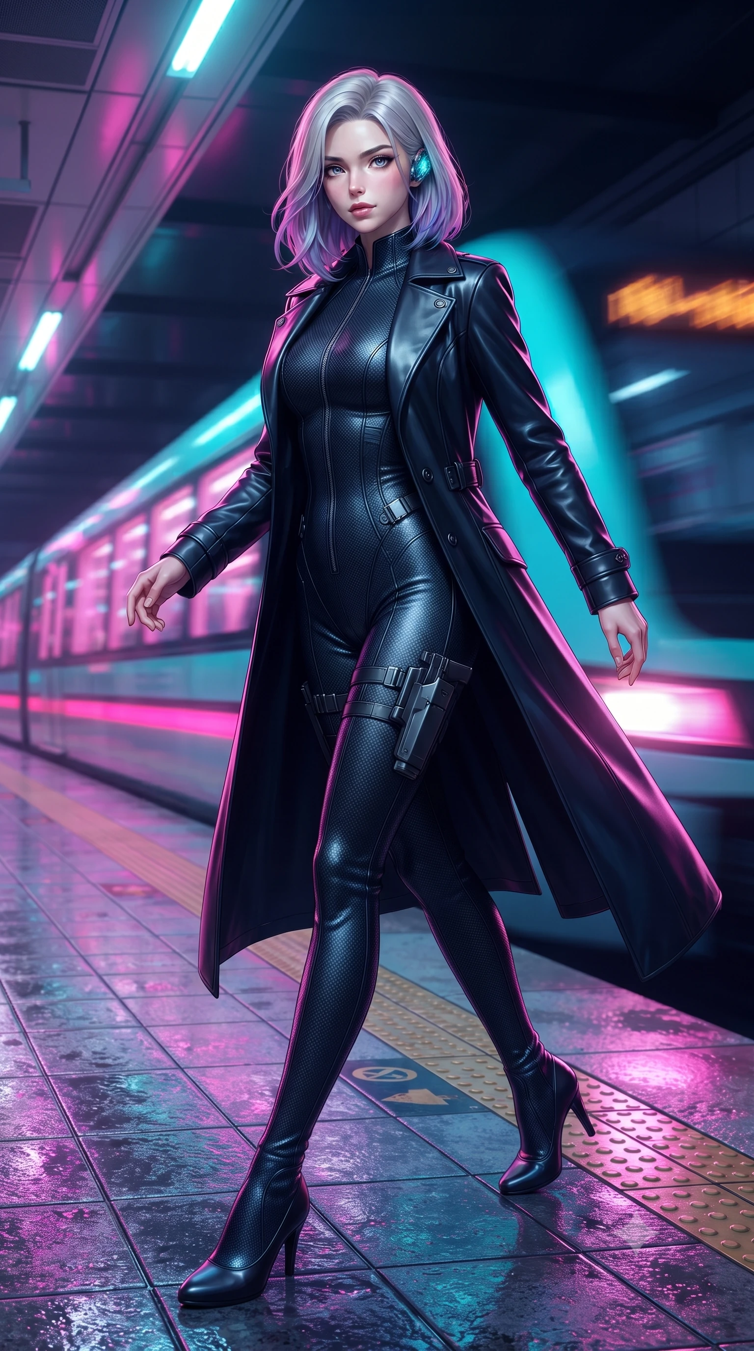 score_9, masterpiece, best quality, ultra-detailed, high-budget anime keyframe, editorial fashion photography, tasteful artistic composition, Caucasian woman. low angle full-body shot from head to toe showing her feet, filling the entire 9:16 vertical frame with her statuesque presence, stretching her vertical silhouette. stepping forward gracefully in mid-motion, displaying her toned flat midriff and flawlessly sculpted slender limbs while pivoting sharply on the wet tiled subway platform as an incoming neon-lit maglev train rushes past in a blur of light. The surrounding environment is rendered in vivid detail and crisp panoramic clarity. detailed platform safety markings, leather harness buckles, and train headlights in high clarity. She has an absolutely perfect, statuesque 8.5-heads proportion, an exceptionally tall and slender model-like female figure with impossibly long slender legs, a toned flat midriff, and an ultra-slim waist. sharp v-shaped jawline, high-bridge nose, intricate jewel-like eyes with depth, thick eyelashes, glossy lips with a natural sheen, captivating and magnetic expression, flawlessly proportioned anatomical accuracy, strict slender model proportions, natural body alignment, perfectly sculpted long slender limbs, ultra-slim waistline, clean dynamic posture without body distortion. wearing a sleek second-skin dark carbon-weave infiltration catsuit paired with a tailored long leather trench coat in stealth obsidian black and midnight navy, crafted from flexible ballistic matte leather and ultra-sleek stretch neoprene, equipped with a minimalist titanium leg holster and smart holographic earpiece edition #28, the liquid-tight tailored fabric emphasizing every curve of her tall, slender model proportions and sculptured silhouette during dynamic movement. bathed in high-contrast dual lighting of neon pink floodlights and electric cyan underlights. ultra-reflective glossy finish, specular highlights, rich textural contrasts, high-contrast stereoscopic depth, volumetric dynamic lighting, 2k, ultra detail, master piece, 9:16 ratio