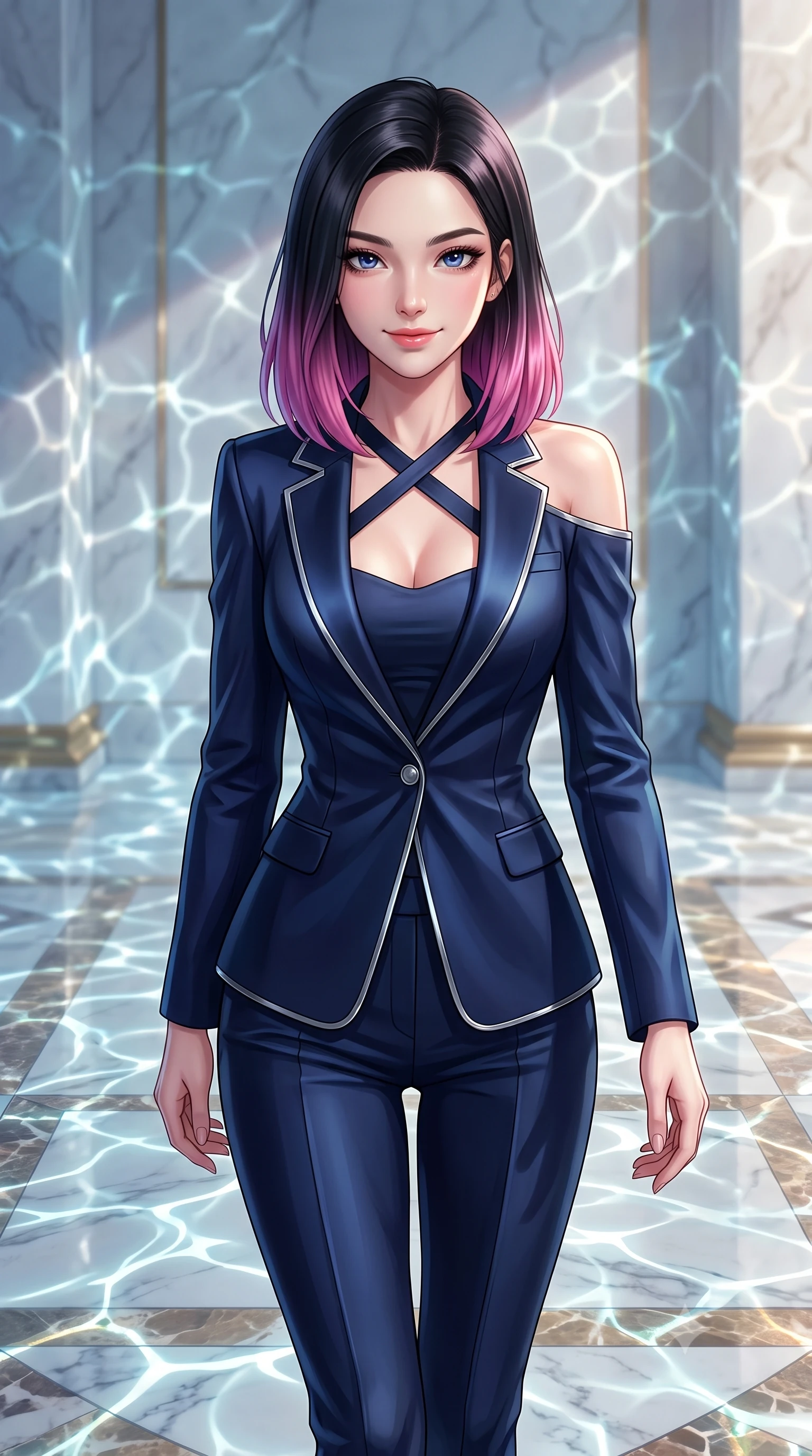 score_9, masterpiece, best quality, ultra-detailed, high-budget anime keyframe, editorial fashion photography, tasteful artistic composition, Korean woman. close-up cowboy shot from the waist and thighs up, the character dominates the composition, filling the frame with her large presence, background elements kept in soft focus. Smiling with quiet, magnetic self-assurance directly into the lens gliding over a mosaic marble floor illuminated by caustic water ripples, shimmering water reflections dancing dynamically across the marble walls. She has an exceptionally elegant, slender, and willowy female figure with an ultra-slim waist, a gracefully sculpted slender torso, and a refined silhouette. sharp v-shaped jawline, high-bridge nose, intricate jewel-like eyes with depth, thick eyelashes, glossy lips with a natural sheen. wearing a tailored silk blazer over a form-contouring top and fitted slacks in midnight navy blue and chrome trim, made of fine carbon-fiber weave and soft matte leather, complemented by criss-cross back straps highlighting her bare shoulders, the form-contouring material highlighting her ultra-slim waist and long lines. lit by clear sun-drenched sea light with soft ethereal shadows. highly saturated vibrant anime colors, detailed shading with soft gradients, rich glossy textures, high-contrast stereoscopic depth, volumetric dynamic lighting, master piece, 9:16 ratio