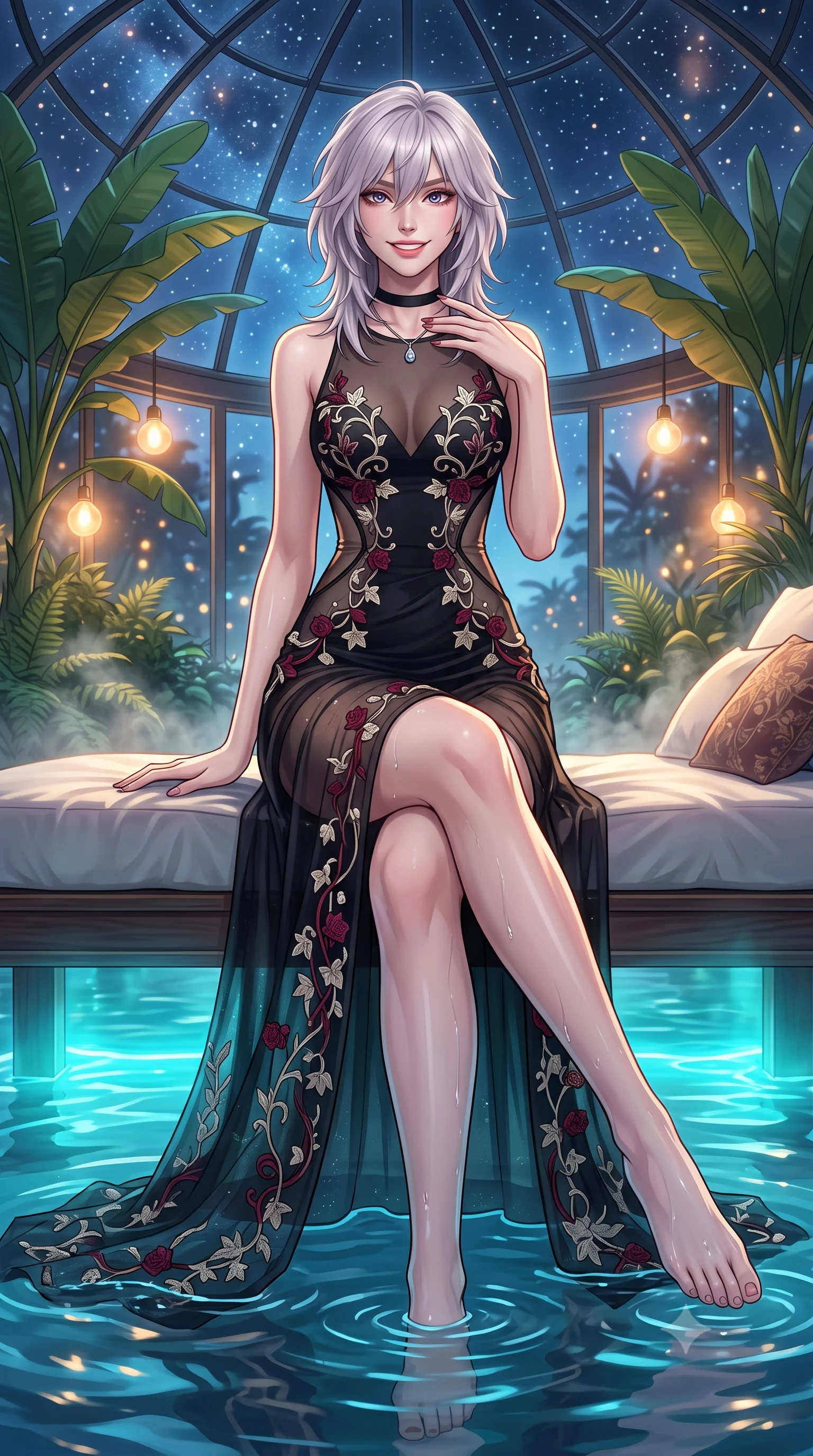score_9, masterpiece, best quality, ultra-detailed, high-budget anime keyframe, editorial fashion photography, tasteful artistic composition, Japanese woman. low angle full-body shot from head to toe showing her feet, filling the entire 9:16 vertical frame with her statuesque presence, stretching her vertical silhouette. lounging on the lavish daybed with legs crossed and hips angled toward the camera, displaying her toned midriff and long slender limbs with effortless siren poise while sitting gracefully on the submerged pool seat with water lapping at her waist, running one manicured hand slowly down her neck with magnetic poise. The background shows a soft-focus steaming indoor thermal pool, lush subarctic greenhouse banana palms and ferns, and starry subpolar sky through glass dome blurred into emerald, turquoise, and amber bokeh. She has an exceptionally tall and slender model-like 8.5-heads proportion, an ultra-slim waist, a flat toned midriff, narrow delicate ribcage, and beautifully sculpted feminine hips creating a graceful, slim hourglass silhouette without any bulky heaviness, with impossibly long slender legs. sharp v-shaped jawline, high-bridge nose, intricate jewel-like sparkling eyes with depth, thick eyelashes, glossy parted lips with a natural peach sheen, bright cheerful beaming smile with an enchanting and coquettish sensual glint, exuding both youthful cute charm and seductive allure, flawlessly proportioned anatomical accuracy, strict slender model proportions, natural body alignment, perfectly sculpted long slender limbs, ultra-slim waistline, clean dynamic posture without body distortion. wearing a provocative sheer noir illusion mesh cocktail dress with embroidered climbing ivy ribbons contouring her curves in Belvedere ivory pearl and Habsburg bordeaux wine, featuring strategic sheer-illusion tulle side panels framing her ribcage and hips, finished with a thin velvet ribbon choker and a single teardrop diamond pendant, the precision-cut side openings and low-back scoop framing her graceful spine and the sensual sweep of her slim, toned hips. bathed in warm 2600K botanical grow lamps combined with turquoise underwater pool LEDs and clear Arctic starlight through glass. ultra-reflective glossy finish, specular highlights, rich textural contrasts, high-contrast stereoscopic depth, volumetric dynamic lighting, 2k, ultra detail, master piece, 9:16 ratio
