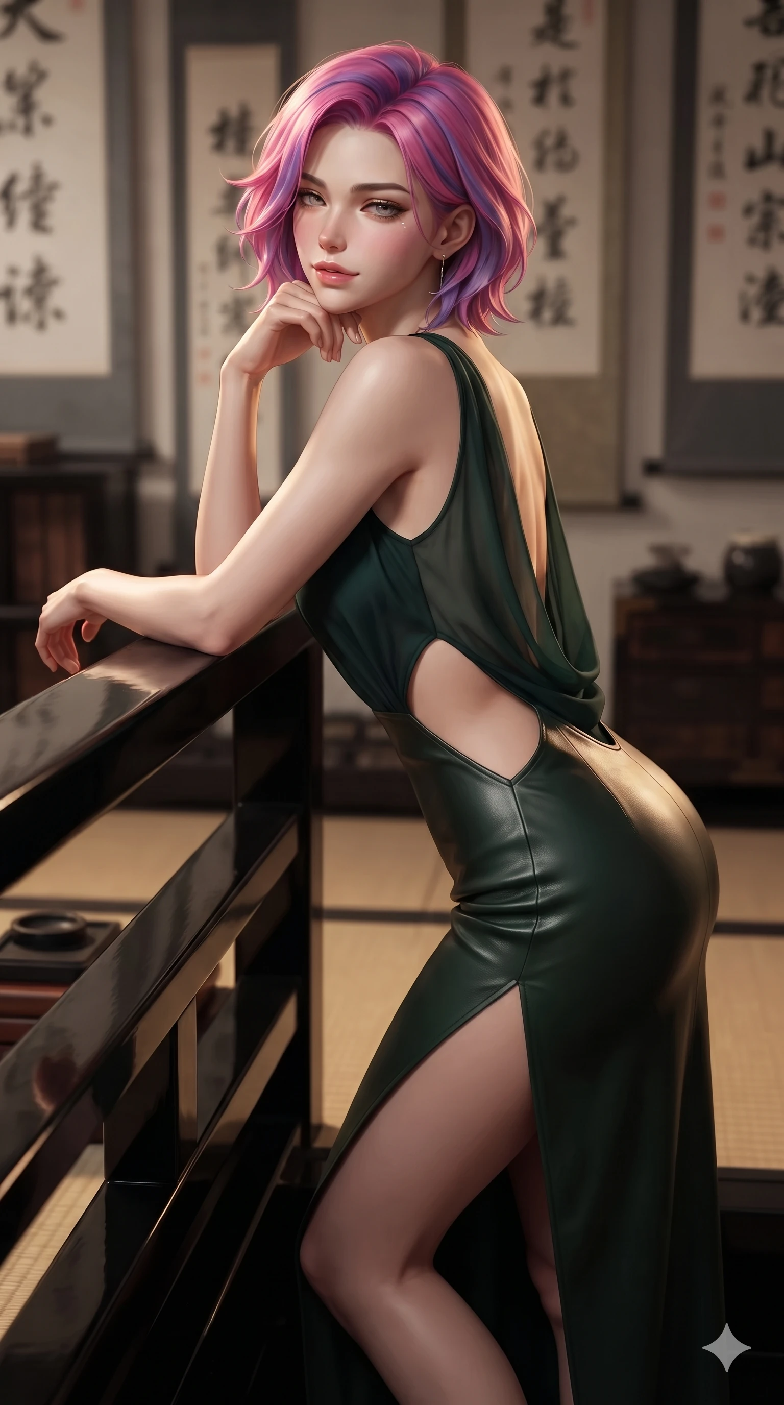 score_9, masterpiece, best quality, ultra-detailed, high-budget anime keyframe, editorial fashion photography, tasteful artistic composition, Caucasian woman. close-up cowboy shot from the waist and thighs up, the character dominates the composition, filling the frame with her large presence. resting one elbow on the lacquered balustrade and supporting her chin, leaning close to the camera with heavy-lidded sparkling eyes and parted lips while stepping gracefully across the black tatami mats, her long slender legs and curvy hourglass hips commanding the scholar library. The background shows a soft-focus floor-to-ceiling hanging rice-paper calligraphy scrolls, cedar bookchests, and ceramic inkstones blurred into cream, sepia, and charcoal bokeh. She has an exceptionally elegant, slender, and willowy female figure with an ultra-slim waist, flat toned midriff, narrow ribcage, and sculpted feminine hips creating an alluring, slim hourglass silhouette without bulk. sharp v-shaped jawline, high-bridge nose, sparkling eyes with hypnotic seductive depth, thick curled eyelashes, glossy parted lips with a natural dewy peach sheen, alluring bedroom-eyes with an enchanting coquettish smile, exuding magnetic siren charisma and sophisticated glamour, flawlessly proportioned anatomical accuracy, strict slender model proportions, natural body alignment, perfectly sculpted long slender limbs, ultra-slim waistline, clean dynamic posture without body distortion. wearing a form-contouring gossamer silk chiffon slip dress with hip-high slit and open cowl back clinging with evening mist in dark emerald forest and brushed antique gold, made of supple butter-soft lambskin leather with a subtle satin sheen, finished with a minimalist celadon porcelain pendant on a fine silk cord, the precision-cut side openings and low-back scoop framing her graceful spine and the sensual sweep of her slim, toned hips. illuminated by black lacquer desk bounce and sharp warm-amber rim lights sculpting her razor-sharp jawline, narrow waist, and curvy hips. ultra-reflective glossy finish, specular highlights, rich textural contrasts, high-contrast stereoscopic depth, volumetric dynamic lighting, 2k, ultra detail, master piece, 9:16 ratio