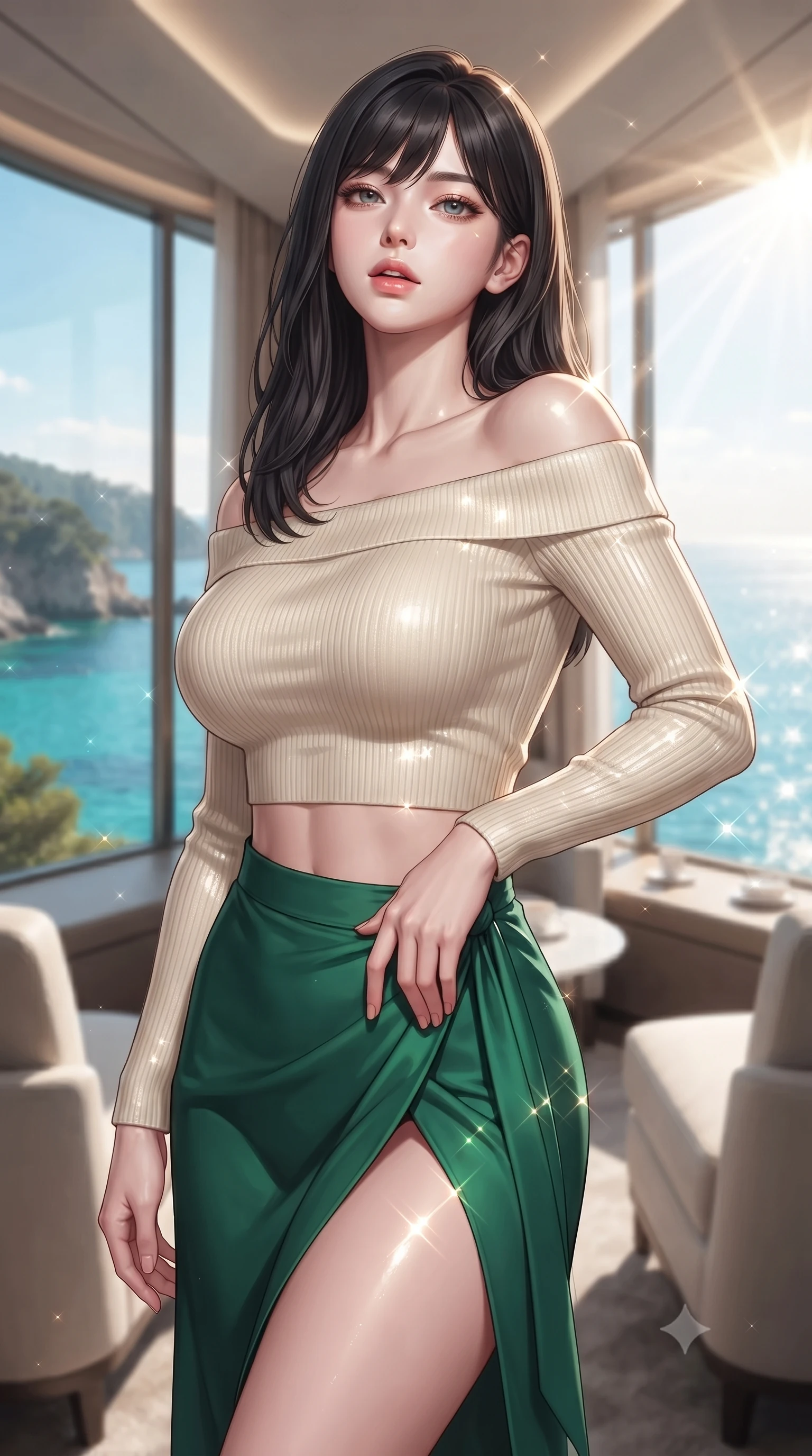 score_9, masterpiece, best quality, ultra-detailed, high-budget anime keyframe, editorial fashion photography, tasteful artistic composition, Korean woman. close-up cowboy shot from the waist and thighs up, the character dominates the composition, filling the frame with her large presence, background elements kept in soft focus. tilting her chin up slightly with lips parted in a composed, provocative expression the background shows a soft-focus a panoramic train suite with floor-to-ceiling windows showing a turquoise coastal cove. She has an exceptionally elegant, slender, and willowy female figure with an ultra-slim waist, a gracefully sculpted slender torso, and a refined silhouette. sharp v-shaped jawline, high-bridge nose, intricate jewel-like eyes with depth, thick eyelashes, glossy lips with a natural sheen. wearing a form-contouring cropped off-shoulder knit top in cream paired with a high-slit wrap skirt in emerald green. bright morning sun rays creating sparkling glints on the sea outside and her form. ultra-reflective glossy finish, specular highlights, metallic sheen, high-contrast stereoscopic depth, volumetric dynamic lighting, 2k, ultra detail, master piece, 9:16 ratio