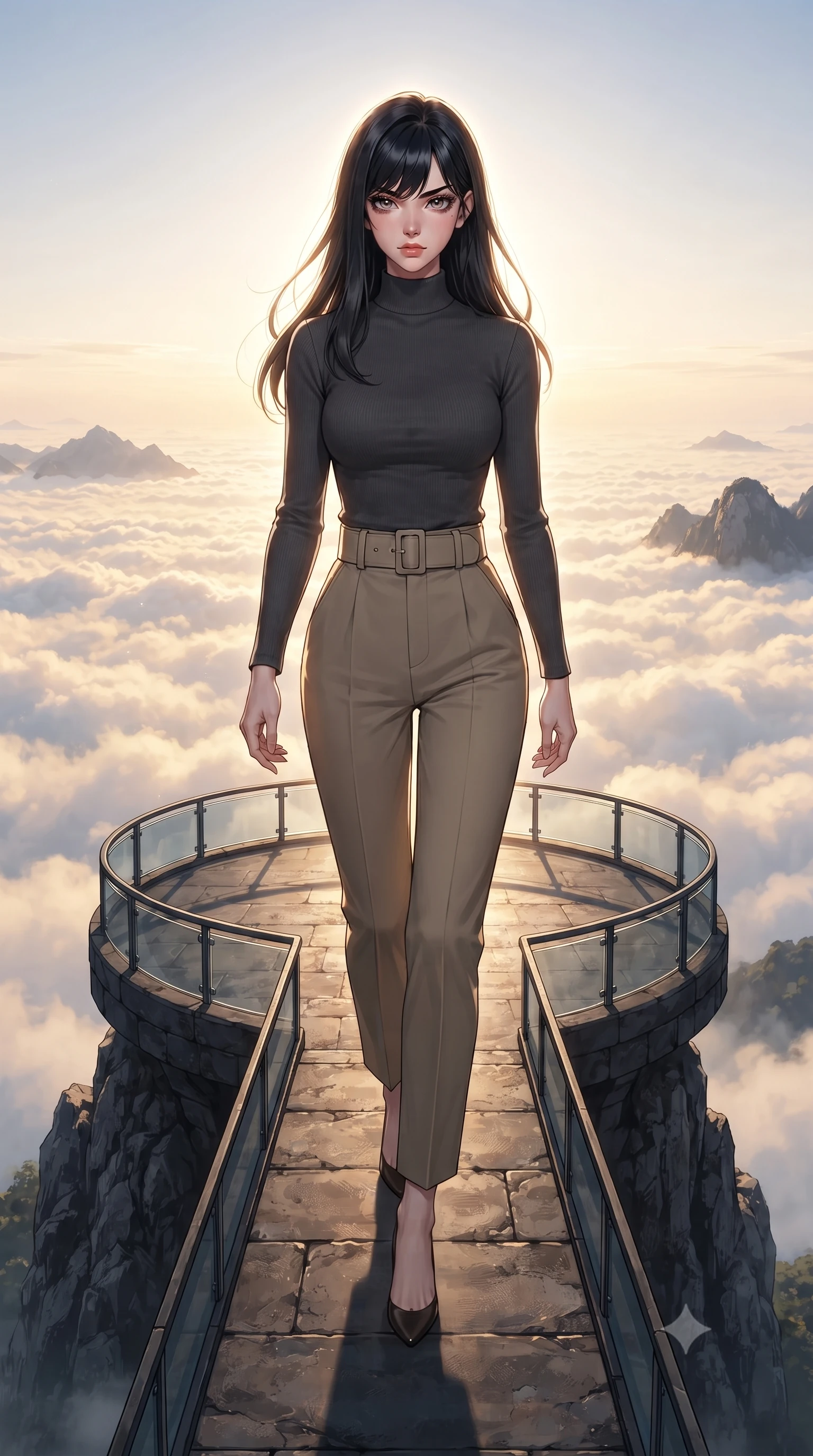score_9, masterpiece, best quality, ultra-detailed, high-budget anime keyframe, editorial fashion photography, tasteful artistic composition, Caucasian woman, strictly human ears. low angle full-body shot from head to toe showing her feet, filling the entire 9:16 vertical frame with her statuesque presence, stretching her vertical silhouette. striding with confident determination through an open circular observation platform jutting out from a mountain peak above the cloud layer at sunrise with the vast white cloud sea stretching to every horizon and distant peaks emerging like islands. She has a statuesque 8.5-heads proportion, an exceptionally tall, slender and willowy model-like build with impossibly long legs and a highly sculpted ultra-slim waist. sharp v-shaped jawline, high-bridge nose, intricate jewel-like eyes with depth, thick eyelashes, glossy lips with a natural sheen. wearing a fitted mock-neck jersey top in charcoal, tucked into high-waisted tailored khaki trousers with a wide belt. dramatic backlight creating a radiant halo effect around her entire silhouette. 2k, ultra detail, master piece, 9:16 ratio
