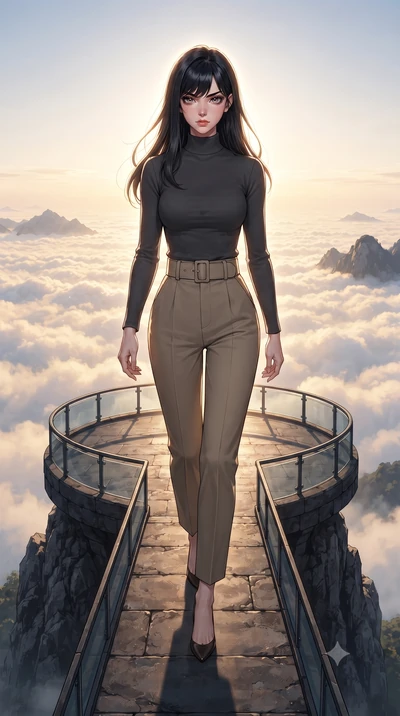 score_9, masterpiece, best quality, ultra-detailed, high-budget anime keyframe, editorial fashion photography, tasteful artistic composition, Caucasian woman, strictly human ears. low angle full-body shot from head to toe showing her feet, filling th
