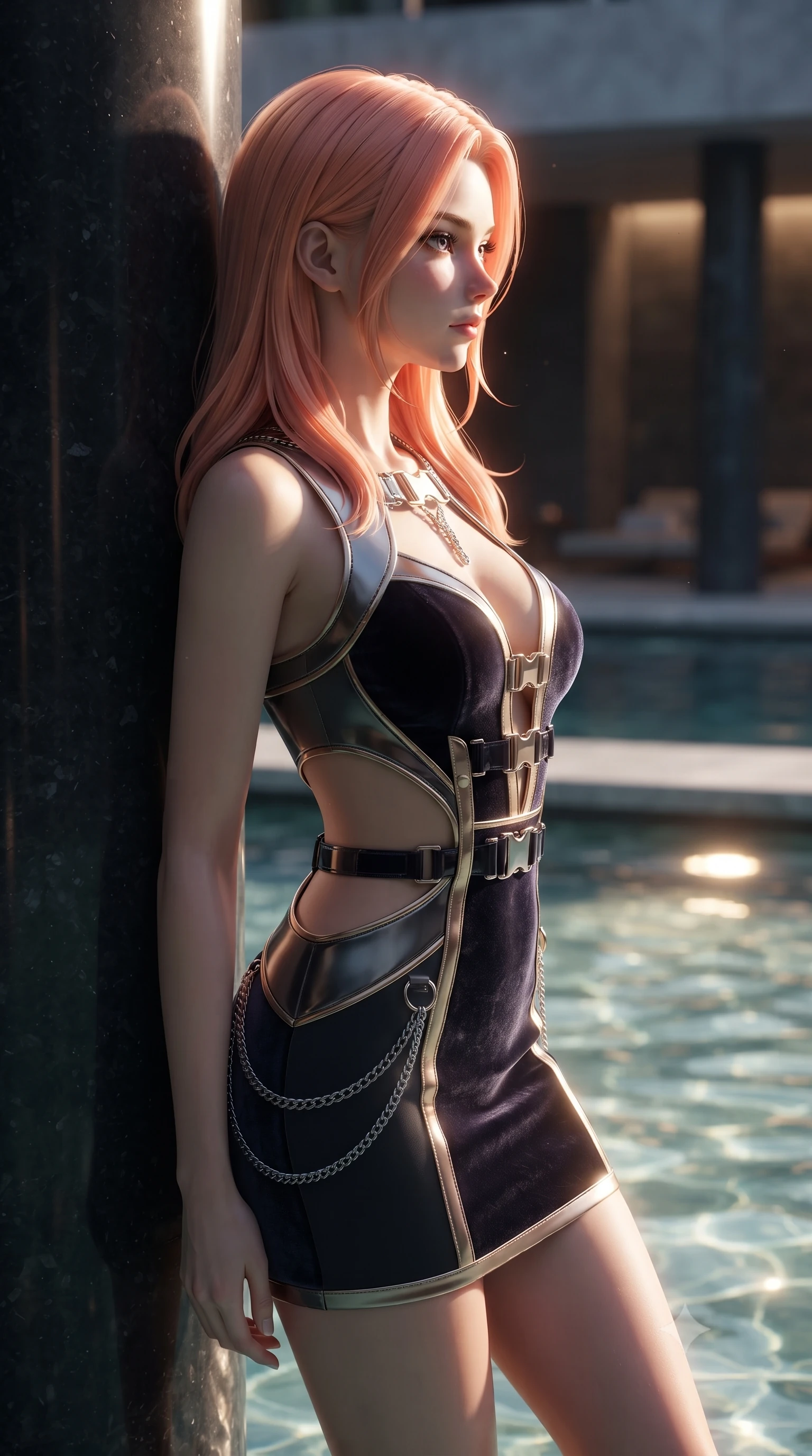 score_9, masterpiece, best quality, ultra-detailed, high-budget anime keyframe, editorial fashion photography, tasteful artistic composition, Japanese woman. close-up cowboy shot from the waist and thighs up, the character dominates the composition, filling the frame with her large presence, background elements kept in soft focus. Turning her face in sharp dramatic profile against the key light, leaning against a polished basalt pool pillar as warm underwater lights glow, translucent water ripples mirroring her tall statuesque 8.5-heads proportion. She has an exceptionally elegant, slender, and willowy female figure with an ultra-slim waist, a gracefully sculpted slender torso, and a refined silhouette. sharp v-shaped jawline, high-bridge nose, intricate jewel-like eyes with depth, thick eyelashes, glossy lips with a natural sheen. wearing dramatic architectural open-waist cutout mini dress in dark velvet framed by chrome hardware in champagne gold, made of liquid dark mercury jersey, framed by dark titanium buckles and silver chain details, following her slender form with tailored precision. bathed in dramatic chiaroscuro with sharp starlight rim rays tracing her silhouette. highly saturated vibrant anime colors, detailed shading with soft gradients, rich glossy textures, high-contrast stereoscopic depth, volumetric dynamic lighting, master piece, 9:16 ratio