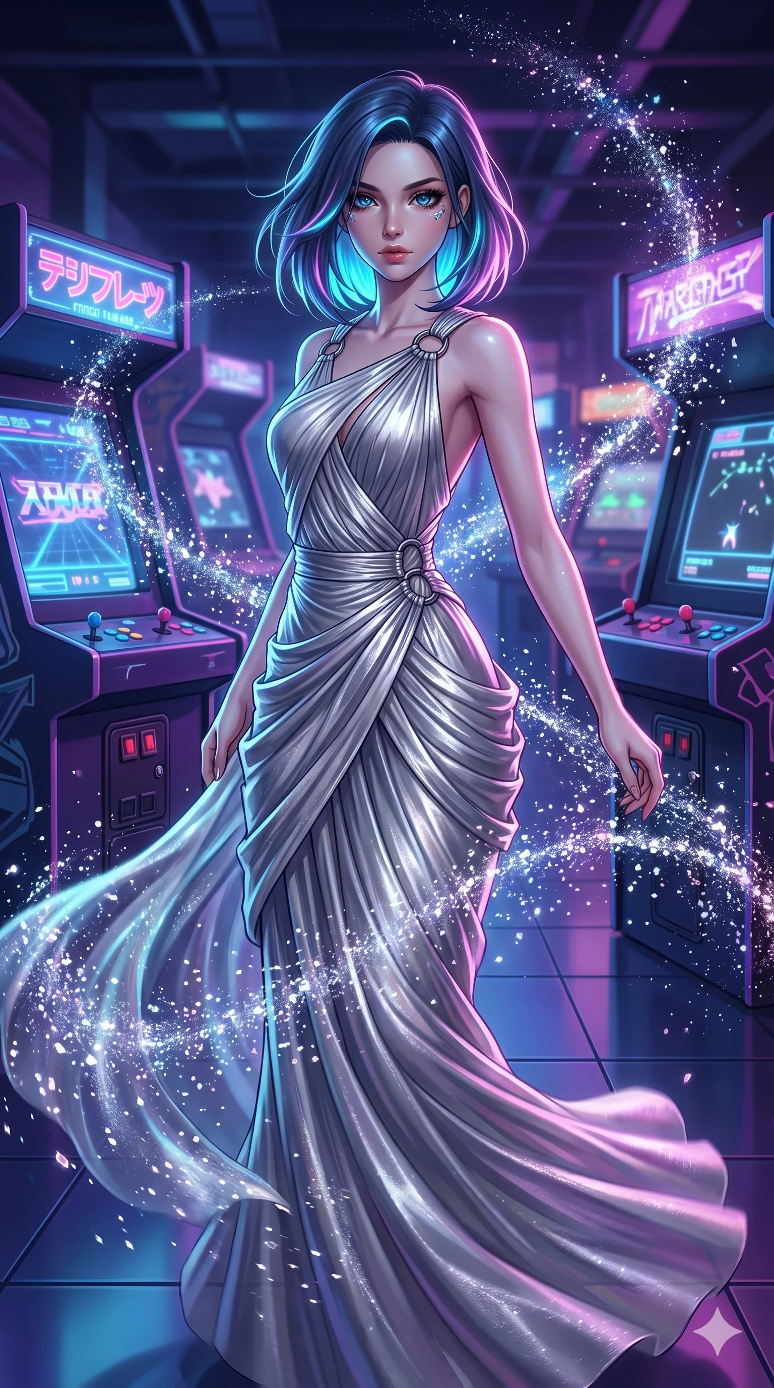 score_9, masterpiece, best quality, ultra-detailed, high-budget anime keyframe, editorial fashion photography, tasteful artistic composition, Caucasian woman, strictly human ears. upper body close-up from the thighs up, character filling the screen for maximum presence. swirling in a vortex of in a neon-drenched arcade hall with retro-futuristic holographic games while thousands of shimmering crystal dust particles dance in the air. She has an absolutely perfect 8-heads proportion, an exceptionally tall and slender female figure with impossibly long slender legs and an ultra-slim waist. V-shaped jawline, high-bridge nose, intricate jewel-like eyes with depth, thick eyelashes, glossy lips with a natural sheen.. wearing a draped Grecian cyber-gown, featuring draped silver metallic chiffon held by metal ring hardware, displaying a elongated high-waist silhouette. under a magical twilight glow casting long dramatic shadows across the clean floor. 2k, ultra detail, master piece, 9:16 ratio