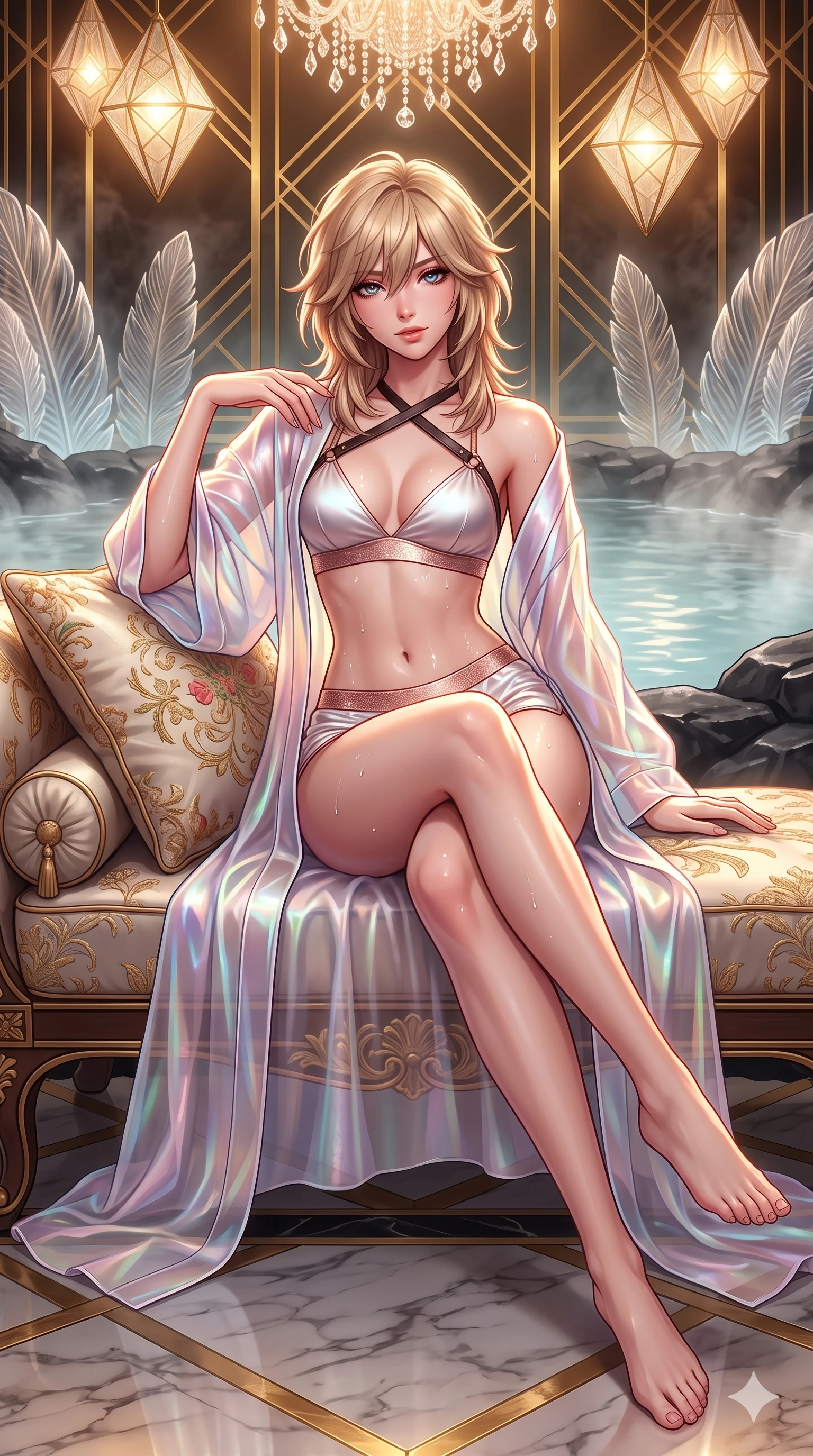 score_9, masterpiece, best quality, ultra-detailed, high-budget anime keyframe, semi-realistic 3D game render, editorial fashion photography, tasteful artistic composition, Japanese woman. low angle full-body shot from head to toe showing her feet, filling the entire 9:16 vertical frame with her statuesque presence, stretching her vertical silhouette. sitting on the black basalt rock rim of the steaming geothermal lagoon, water droplets beading on her flat midriff and curvy hips while lounging in an embroidered silk divan propped on one elbow with legs crossed, flashing an intoxicating smile with parted glossy lips as crystal chandeliers sparkle. The surrounding environment is rendered in vivid detail and crisp panoramic clarity: sharp carved Lalique glass feather motifs, crisp brass inlay geometric lines, and polished marble floor vein patterns in deep focus. She has an exceptionally tall and slender model-like 8.5-heads proportion, an ultra-slim waist, a flat toned midriff, narrow delicate ribcage, and beautifully sculpted feminine hips creating a graceful, slim hourglass silhouette without any bulky heaviness, with impossibly long slender legs. sharp v-shaped jawline, high-bridge nose, intricate jewel-like sparkling eyes with depth, thick eyelashes, glossy parted lips with a natural sheen, intensely captivating and seductive bedroom-eyes expression, exuding both youthful cute charm and sovereign luxury allure, flawlessly proportioned anatomical accuracy, strict slender model proportions, natural body alignment, perfectly sculpted long slender limbs, ultra-slim waistline, clean dynamic posture without body distortion. wearing a translucent iridescent organza kimono robe slipping off bare shoulders over a matching satin micro-bralette and micro-shorts in celestial porcelain white and rose-gold, woven from stretch metallic lurex jersey casting radiant starlight glints across her curves, featuring an open-back criss-cross harness strap in dark leather, the bespoke structured tailoring following the natural line of her 8.5-heads silhouette with refined elegance. bathed in the majestic, warm 2600K amber glow of geometric Lalique glass fixtures filtering through brass lattices. highly saturated vibrant anime colors, detailed shading with soft gradients, rich glossy textures, high-contrast stereoscopic depth, volumetric dynamic lighting, master piece, 9:16 ratio