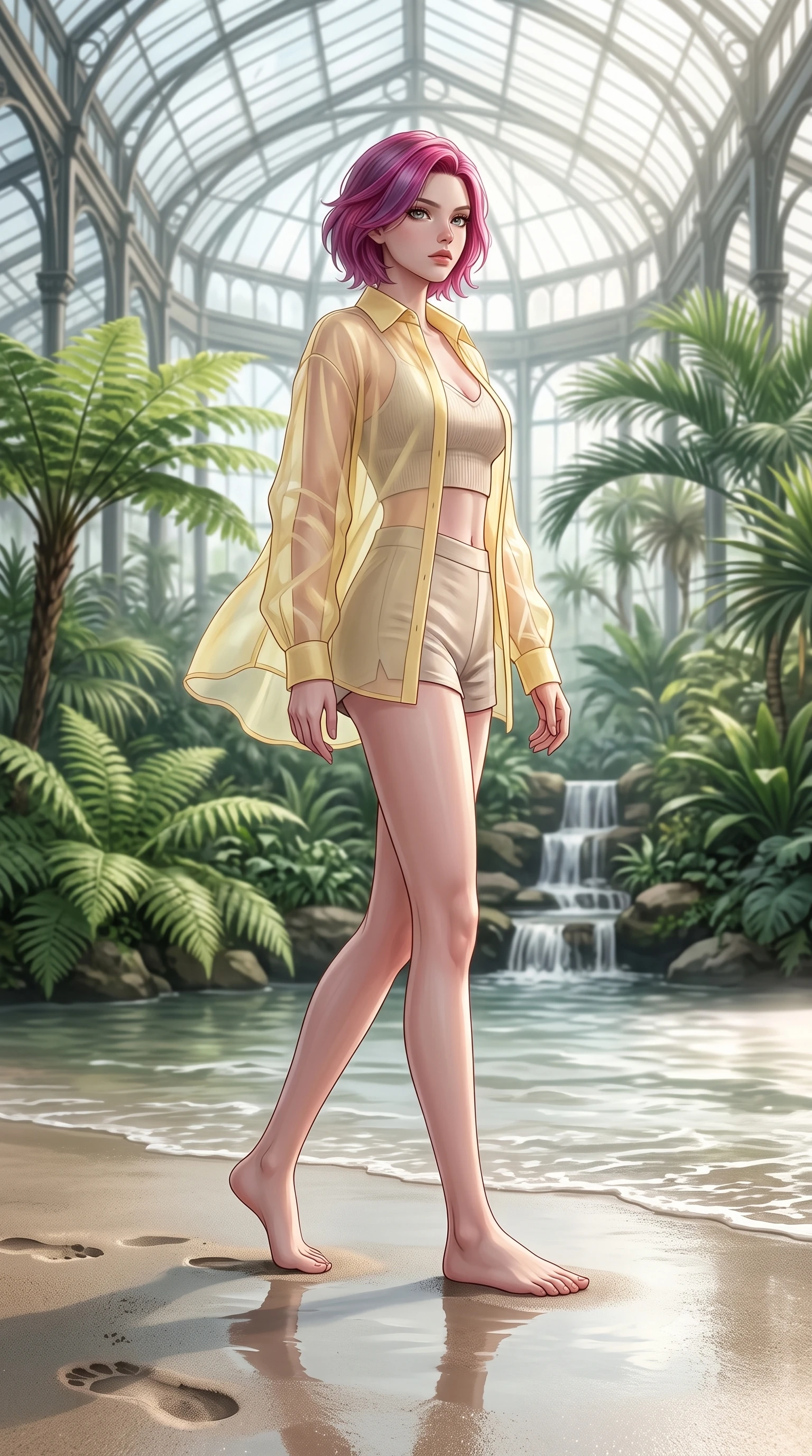 score_9, masterpiece, best quality, ultra-detailed, high-budget anime keyframe, editorial fashion photography, tasteful artistic composition, Caucasian woman woman. low angle full-body shot from head to toe showing her feet, filling the entire 9:16 vertical frame with her statuesque presence, stretching her vertical silhouette. walking slowly along the shoreline, leaving footprints in the wet sand the background shows a soft-focus a grand glass conservatory filled with lush tropical ferns, palms, and a small waterfall. She has an absolutely perfect, statuesque 8.5-heads proportion, an exceptionally tall and slender model-like female figure with impossibly long slender legs and an ultra-slim waist. sharp v-shaped jawline, high-bridge nose, intricate jewel-like eyes with depth, thick eyelashes, glossy lips with a natural sheen. wearing a tailored sheer organza shirt in pale yellow worn open over a knit crop top and micro-shorts. bright daylight filtered through the glass panels, creating soft highlights. 2k, ultra detail, master piece, 9:16 ratio