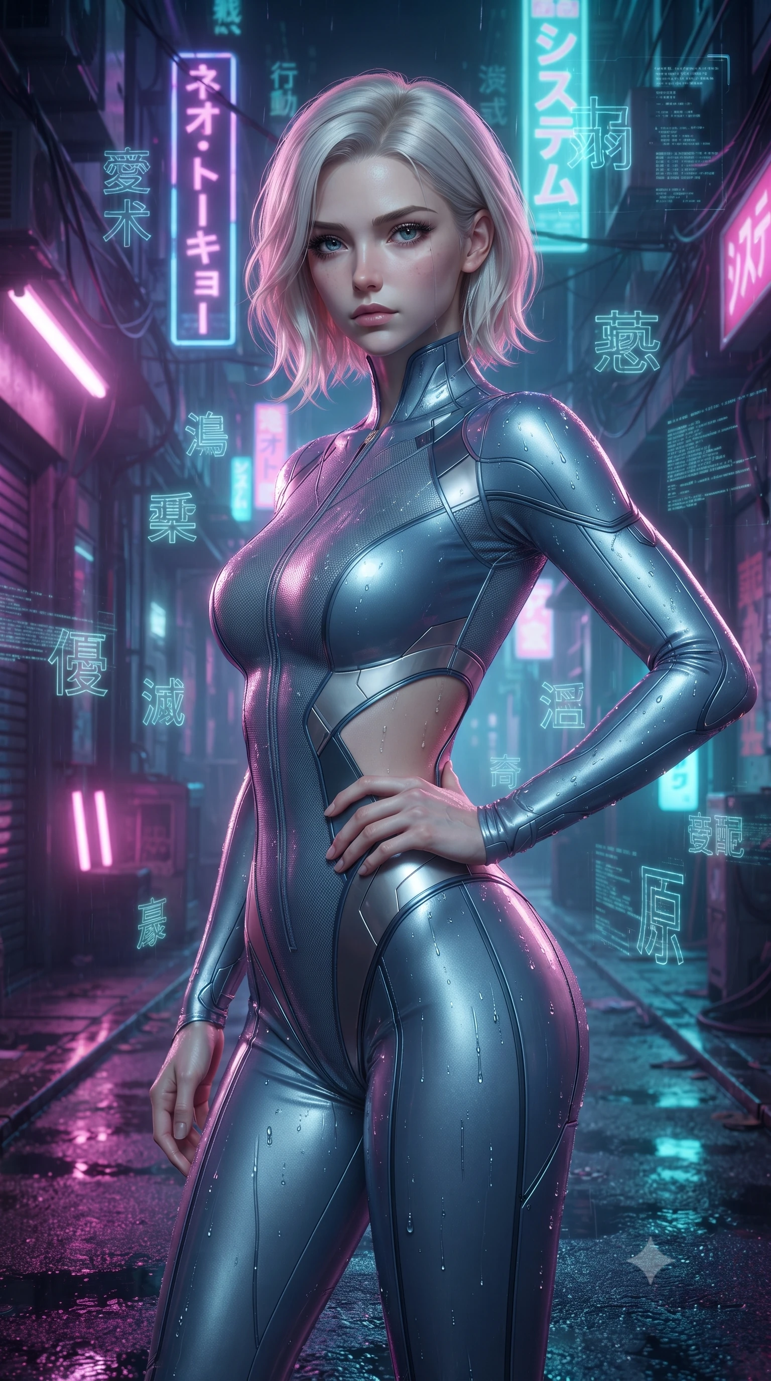 score_9, masterpiece, best quality, ultra-detailed, high-budget anime keyframe, editorial fashion photography, tasteful artistic composition, Caucasian woman. close-up cowboy shot from the waist and thighs up, the character dominates the composition, filling the frame with her large presence, background elements kept in soft focus. Holding a confident power pose with one hand on her hip, gazing directly into the camera with quiet intensity navigating a narrow cybernetic alleyway filled with floating neon Japanese glyphs, wet asphalt reflecting glowing pink, purple, and aqua neon light bars. She has an exceptionally elegant, slender, and willowy female figure with an ultra-slim waist, a gracefully sculpted slender torso, and a refined silhouette. sharp v-shaped jawline, high-bridge nose, intricate jewel-like eyes with depth, thick eyelashes, glossy lips with a natural sheen. wearing a skin-tight cybernetic bodysuit with glowing neon seams and side cutouts in slate blue and metallic silver, woven from fine semi-opaque sheer organza, featuring subtle geometric cutouts that highlight her ultra-slim midriff, the form-contouring material highlighting her ultra-slim waist and long lines. illuminated by brilliant holographic glow and glistening wet speculars. ultra-reflective glossy finish, specular highlights, metallic sheen, high-contrast stereoscopic depth, volumetric dynamic lighting, 2k, ultra detail, master piece, 9:16 ratio