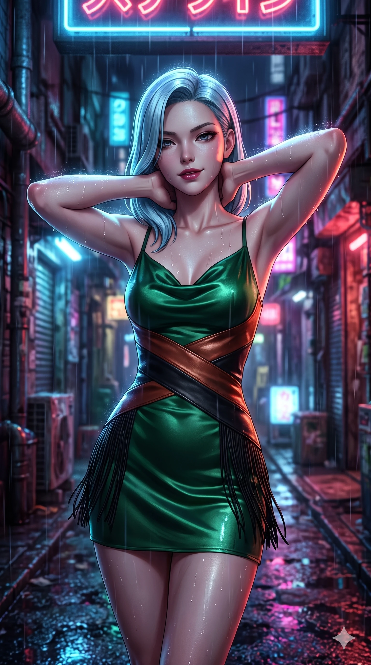 score_9, masterpiece, best quality, ultra-detailed, high-budget anime keyframe, semi-realistic 3D game render, editorial fashion photography, tasteful artistic composition, Korean woman. close-up cowboy shot from the waist and thighs up, the character dominates the composition, filling the frame with her large presence. resting both hands lightly behind her neck with elbows raised, arching her spine to highlight her narrow waist, flat midriff, and breathtaking collarbones while pausing beneath an overhanging neon sign with hips cocked back, flashing a dangerous, flirtatious half-smile through falling raindrops. The background shows a soft-focus nocturnal Tokyo alleyway softened in atmospheric rain shallow focus. She has an exceptionally elegant, slender, and willowy female figure with an ultra-slim waist, flat toned midriff, narrow ribcage, and sculpted feminine hips creating an alluring, slim hourglass silhouette without bulk. sharp v-shaped jawline, high-bridge nose, intricate jewel-like dark sparkling eyes with dangerous depth, thick curled eyelashes, glossy parted lips with a rich wine sheen, smoldering seductive half-smile with bedroom-eyes, exuding effortless superiority and intoxicating dark allure, flawlessly proportioned anatomical accuracy, strict slender model proportions, natural body alignment, perfectly sculpted long slender limbs, ultra-slim waistline, clean dynamic posture without body distortion. wearing a cowl-neck emerald green silk satin slip dress with criss-cross back straps and hip-accentuating drape in dark burnt copper and matte black, made of supple butter-soft lambskin leather with a subtle satin sheen, finished with delicate jet-black micro-fringe fluttering softly along her hips with each step, the form-fitting cut adhering flawlessly to her sculpted flat midriff and slender torso, emphasizing her long leg lines and perfectly proportioned willowy build. bathed in high-saturation multi-hued neon reflections bouncing off wet alley walls and glistening skin. highly saturated vibrant anime colors, detailed shading with soft gradients, rich glossy textures, high-contrast stereoscopic depth, volumetric dynamic lighting, master piece, 9:16 ratio