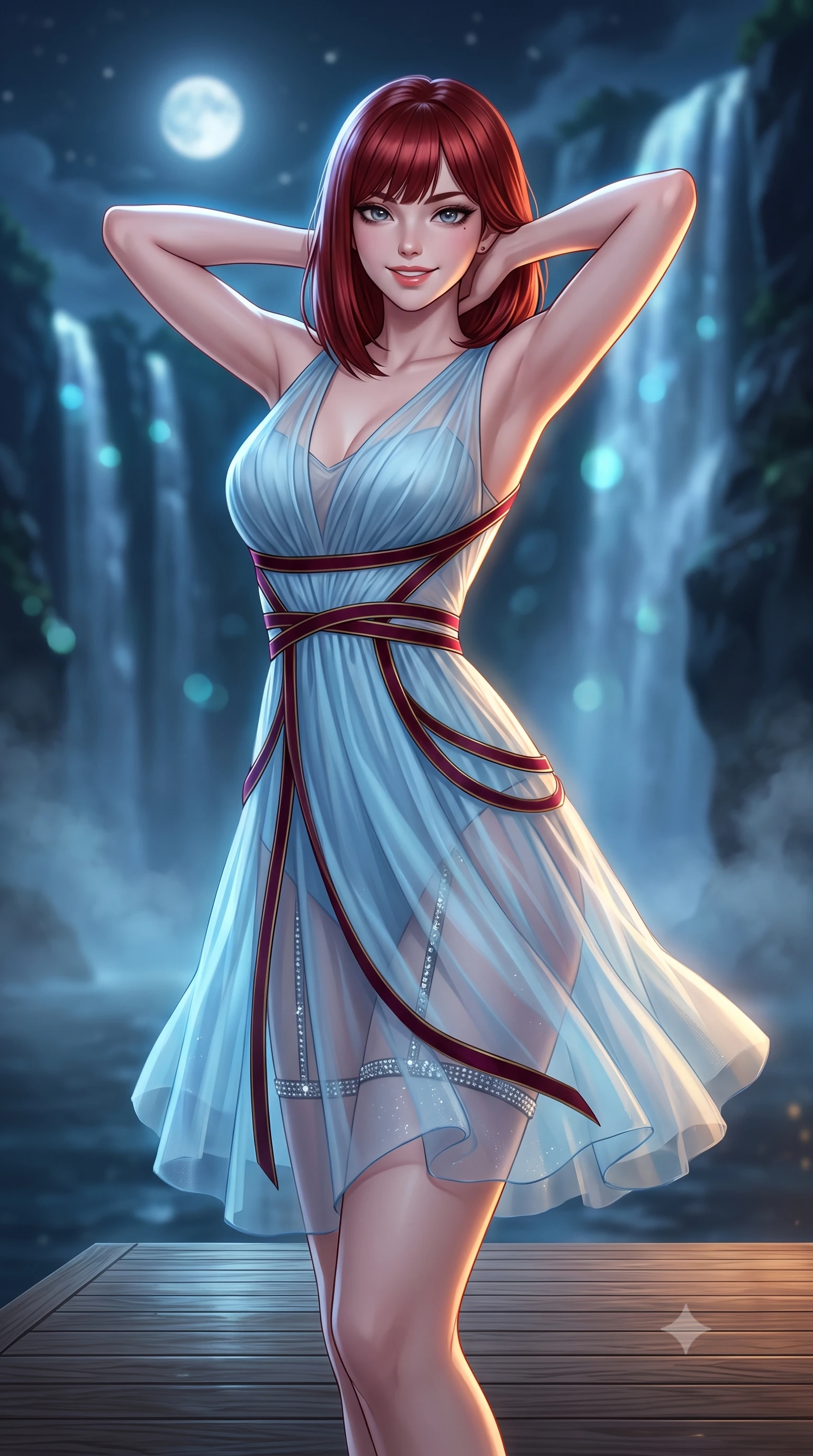 score_9, masterpiece, best quality, ultra-detailed, high-budget anime keyframe, semi-realistic 3D game render, editorial fashion photography, tasteful artistic composition, Caucasian woman. close-up cowboy shot from the waist and thighs up, the character dominates the composition, filling the frame with her large presence. resting both hands lightly behind her neck with elbows raised, arching her spine to highlight her narrow waist, flat midriff, and breathtaking collarbones while standing poised on the cantilevered teak platform as midnight waterfall mist drifts around her silhouette, arching her spine with sovereign seductive grace. The background shows a soft-focus thundering Seven Sisters waterfall illuminated by moonbeams, fjord mist plumes, and towering sheer rock faces blurred into silver, cyan, and obsidian bokeh. She has an exceptionally elegant, slender, and willowy female figure with an ultra-slim waist, flat toned midriff, narrow ribcage, and sculpted feminine hips creating an alluring, slim hourglass silhouette without bulk. sharp v-shaped jawline, high-bridge nose, intricate jewel-like sparkling eyes with depth, thick eyelashes, glossy parted lips with a natural peach sheen, bright cheerful beaming smile with an enchanting and coquettish sensual glint, exuding both youthful cute charm and seductive allure, flawlessly proportioned anatomical accuracy, strict slender model proportions, natural body alignment, perfectly sculpted long slender limbs, ultra-slim waistline, clean dynamic posture without body distortion. wearing a provocative semi-sheer icy blue tulle cocktail dress with velvet ribbon piping contouring her narrow waist and hips in French boudoir bordeaux wine and antique brass, made of sheer gossamer chiffon that drapes softly against skin with airy translucence, finished with delicate crystal-encrusted thigh garter straps glinting in the dim light, the liquid-tight tailored fabric clinging flawlessly to her narrow waist and rounded feminine hips, emphasizing every millimeter of her sculpted slim hourglass curves without any bulky heaviness. illuminated by teak floor bounce and sharp flame-gold rim lights defining her razor-sharp jawline, narrow waist, and curvy hips. highly saturated vibrant anime colors, detailed shading with soft gradients, rich glossy textures, high-contrast stereoscopic depth, volumetric dynamic lighting, master piece, 9:16 ratio