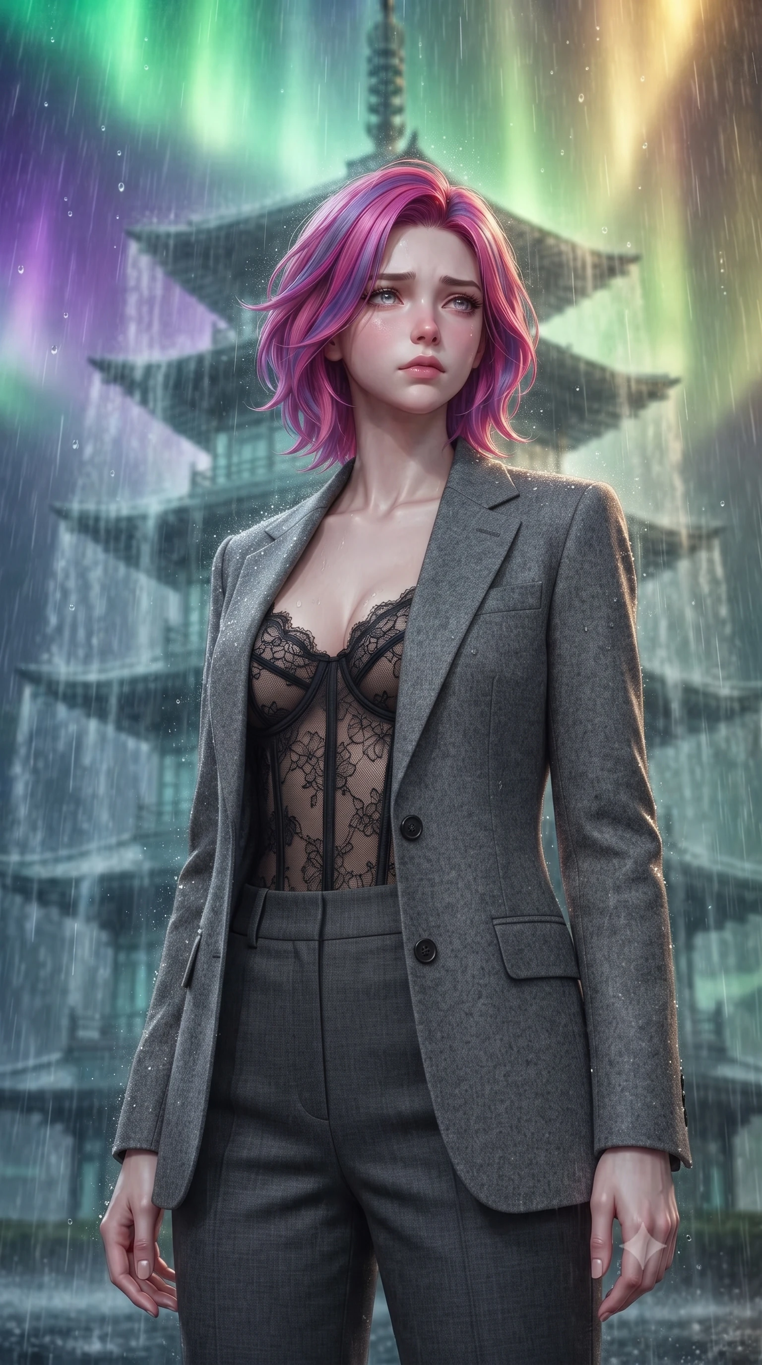 score_9, masterpiece, best quality, ultra-detailed, high-budget anime keyframe, editorial fashion photography, tasteful artistic composition, Caucasian woman, strictly human ears. close-up cowboy shot from the waist and thighs up, the character dominates the composition, filling the frame with her large presence, background elements kept in soft focus. Gazing into the distance with a wistful melancholic expression and softly glowing eyes. set against a soft-focus background of a traditional five-tiered pagoda made entirely of glass during a tropical monsoon downpour with thousands of raindrops striking every surface creating a symphony of percussion and cascading water curtains on each tier. She has an exceptionally elegant and slender, willowy female figure with an ultra-slim waist, a gracefully sculpted slender torso, and a refined slim physique. sharp v-shaped jawline, high-bridge nose, intricate jewel-like eyes with depth, thick eyelashes, glossy lips with a natural sheen. wearing a tailored grey wool blazer over a sheer black lace corset top, paired with charcoal tailored slacks. illuminated by a shifting aurora palette of green violet and gold from above. 2k, ultra detail, master piece, 9:16 ratio