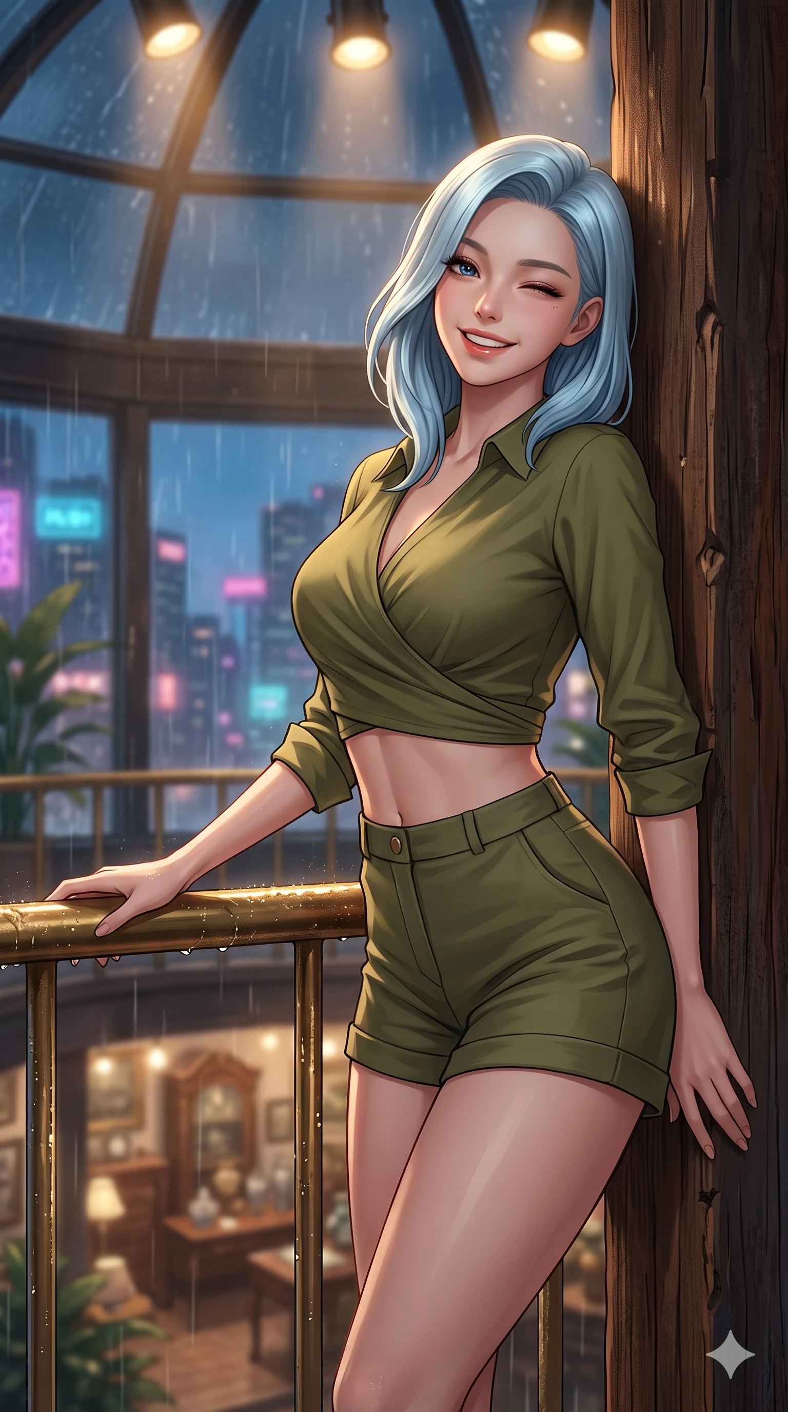 score_9, masterpiece, best quality, ultra-detailed, high-budget anime keyframe, vibrant anime aesthetic, Korean woman. close-up cowboy shot from the waist and thighs up, the character dominates the composition, filling the frame with her large presence, background elements kept in soft focus. She is leaning back on a wet, rain-slicked railing, winking and smiling delightfully, with a bright, joyful gaze leaning against a rustic wooden column. the background shows a soft-focus antique shop showroom with large display windows showing rain-streaked neon lights of the city (Code-P22-113). She has an absolutely perfect proportion, an exceptionally elegant and slender female figure with an ultra-slim waist. V-shaped jawline, high-bridge nose, intricate jewel-like eyes with depth, thick eyelashes, glossy lips with a natural sheen. wearing a cropped wrap shirt and high-waisted shorts in olive green. She is illuminated by warm overhead spotlights inside the plant conservatory dome, casting soft shadows that enhance her features during the twilight rain. 2k, ultra detail, master piece, 9:16 ratio