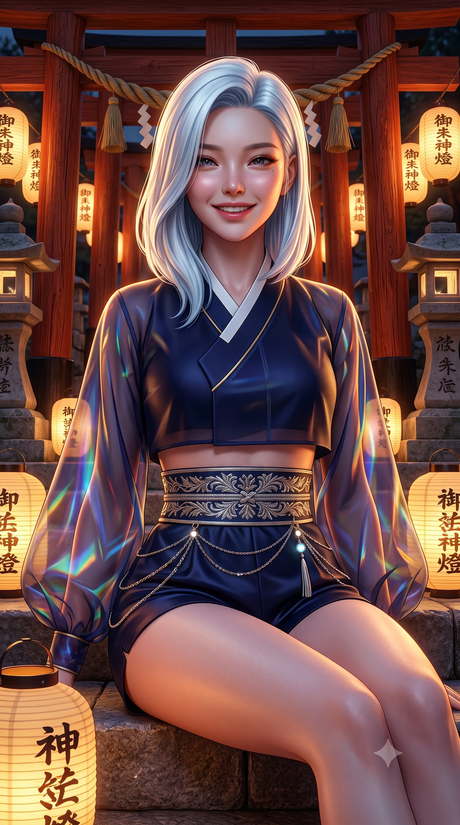 score_9, masterpiece, best quality, ultra-detailed, high-budget anime keyframe, semi-realistic 3D game render, editorial fashion photography, tasteful artistic composition, Korean woman. close-up cowboy shot from the waist and thighs up, the character dominates the composition, filling the frame with her large presence. laughing softly with genuine, enchanting warmth, eyes crinkling sweetly as specular highlights illuminate her cheeks while resting on ancient stone shrine steps surrounded by glowing paper lanterns with a serene, enchanting smile. The surrounding environment is rendered in vivid detail and crisp panoramic clarity. intricate vermilion torii wood grain, braided straw shimenawa textures, and stone lantern carvings in deep focus. She has an exceptionally elegant, slender, and willowy female figure with an ultra-slim waist, a gracefully sculpted slender torso, toned flat midriff, and a refined slim silhouette. sharp v-shaped jawline, high-bridge nose, intricate jewel-like eyes with depth, thick eyelashes, glossy lips with a natural sheen, captivating and magnetic expression, flawlessly proportioned anatomical accuracy, strict slender model proportions, natural body alignment, perfectly sculpted long slender limbs, ultra-slim waistline, clean dynamic posture without body distortion. wearing a modern shortened cyber-hanbok crop top with wide billowing sleeves and high-waist silk shorts in midnight indigo and glowing starlight gold, crafted from weightless prism organza that refracts light with every motion, finished with a wide embroidered waist band emphasizing her slender midriff, the precision-cut daring openings accentuating her delicate midriff, graceful bare collarbones, and ultra-slim feminine waistline. illuminated by crisp directional rim lighting accentuating her slender curves, bare spine, and flowing robes. highly saturated vibrant anime colors, detailed shading with soft gradients, rich glossy textures, high-contrast stereoscopic depth, volumetric dynamic lighting, master piece, 9:16 ratio
