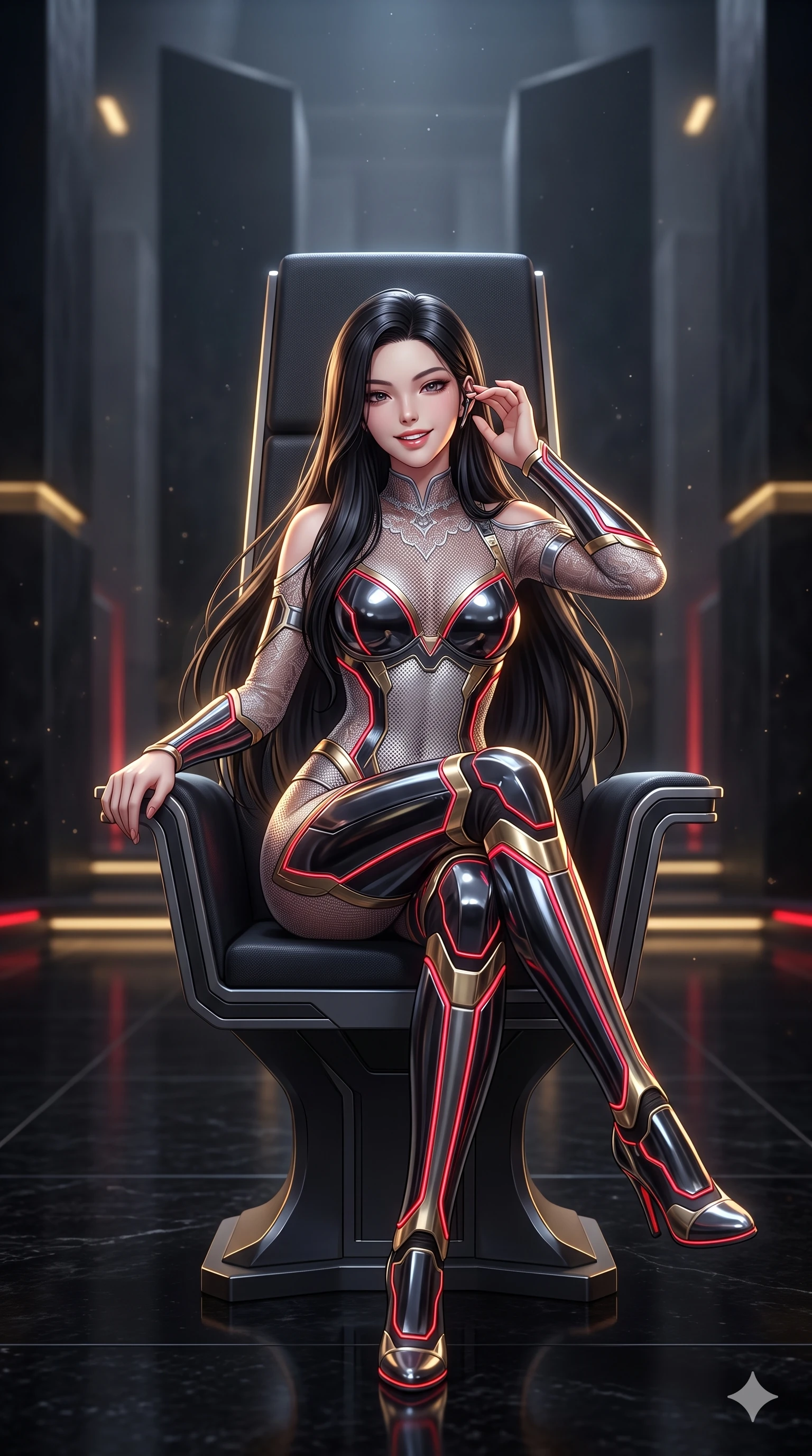 score_9, masterpiece, best quality, ultra-detailed, high-budget anime keyframe, semi-realistic 3D game render, editorial fashion photography, tasteful artistic composition, Korean woman. close-up cowboy shot from the waist and thighs up, the character dominates the composition, filling the frame with her large presence. arching her spine with dancer poise, one hand adjusting her ear comm-link in a flirtatious S-curve with parted glossy lips while sitting poised in the high-backed diplomatic throne propped on one elbow with legs crossed, flashing an enchanting, confident smile. The background shows a soft-focus soaring minimalist black stone monoliths and recessed lighting strips softened in prestigious sci-fi senate shallow focus. She has an exceptionally elegant, slender, and willowy female figure with an ultra-slim waist, flat toned midriff, narrow ribcage, and sculpted feminine hips creating an alluring, slim hourglass silhouette without bulk. sharp v-shaped jawline, high-bridge nose, intricate jewel-like sparkling eyes with depth, thick eyelashes, glossy parted lips with a natural sheen, bright confident smile with an enchanting and coquettish sensual glint, exuding both youthful magnetic charm and sovereign high-tech allure, flawlessly proportioned anatomical accuracy, strict slender model proportions, natural body alignment, perfectly sculpted long slender limbs, ultra-slim waistline, clean dynamic posture without body distortion. wearing a form-contouring delicate silver nano-mesh bodysuit with strategically placed chrome armor plate guards covering key curves in midnight black lacquer and vibrant scarlet neon, made of delicate semi-sheer French Chantilly lace with intricate eyelash edges, accented with strategically placed chrome armor plate guards covering key curves, the impeccably tailored cut draping gracefully along her slender figure with aristocratic poise. illuminated by black granite floor reflections and sharp gold-platinum rim lights carving her sculpted collarbones, ultra-slim waist, and curvy hips. highly saturated vibrant anime colors, detailed shading with soft gradients, rich glossy textures, high-contrast stereoscopic depth, volumetric dynamic lighting, master piece, 9:16 ratio