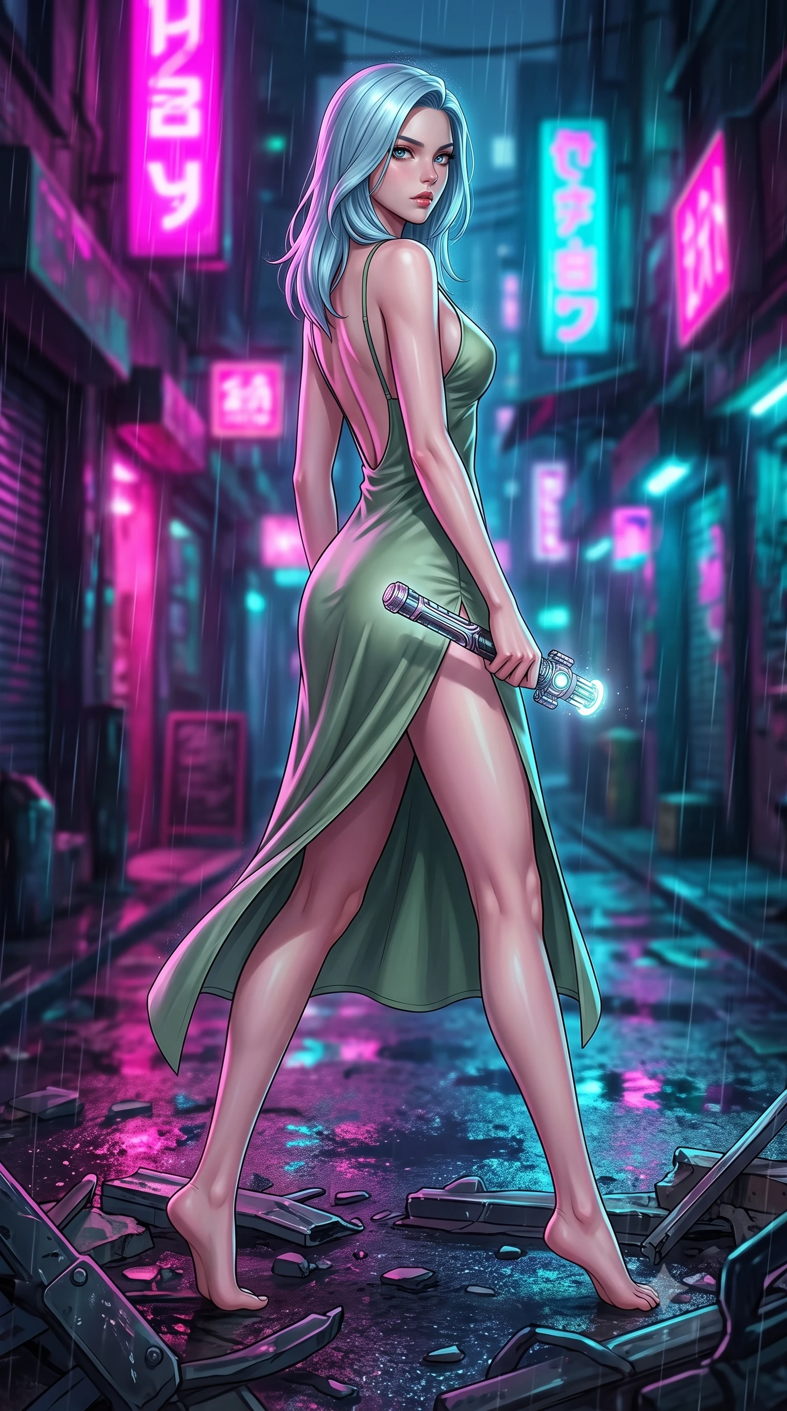 score_9, masterpiece, best quality, ultra-detailed, high-budget anime keyframe, editorial fashion photography, tasteful artistic composition, Korean woman. low angle full-body shot from head to toe showing her feet, filling the entire 9:16 vertical frame with her statuesque presence, stretching her vertical silhouette. stepping gracefully through battlefield debris with a glowing saber hilt in hand, looking back over her shoulder, the background shows a soft-focus a rain-slicked cyberpunk back alley illuminated by flickering neon signs. She has an absolutely perfect, statuesque 8.5-heads proportion, an exceptionally tall and slender model-like female figure with impossibly long slender legs and an ultra-slim waist. sharp v-shaped jawline, high-bridge nose, intricate jewel-like eyes with depth, thick eyelashes, glossy lips with a natural sheen. wearing a slim-fit lightweight silk combat slip dress in sage green, featuring a high side slit and a low-cut back. intense magenta and cyan neon lights reflecting off the wet asphalt surface. highly saturated vibrant anime colors, detailed shading with soft gradients, rich glossy textures, high-contrast stereoscopic depth, volumetric dynamic lighting, master piece, 9:16 ratio