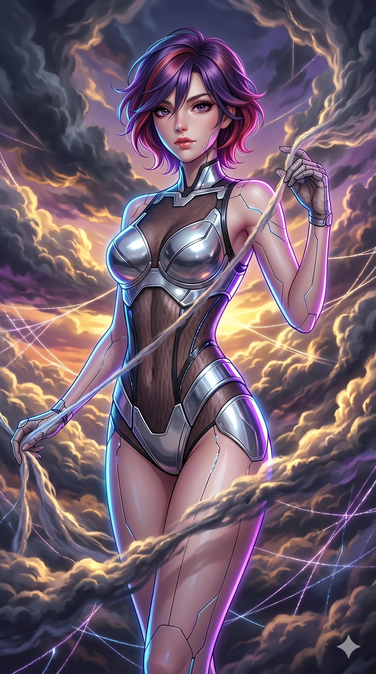 score_9, masterpiece, best quality, ultra-detailed, high-budget anime keyframe, Japanese woman. upper body close-up from the thighs up, character filling the screen for maximum presence. threading through a volumetric cloud weave where storm clouds are spun like silk thread under a dramatic sunset glow. She has an absolutely perfect 8-heads proportion, an exceptionally tall and slender female figure with impossibly long slender legs and an ultra-slim waist. V-shaped jawline, high-bridge nose, intricate jewel-like eyes with depth, thick eyelashes, glossy lips with a natural sheen.. wearing a bionic chrome plate bodysuit, featuring silver chrome plates covering the bust and hips, connected by sheer black mesh panels. bathed in brilliant cinematic volumetric lighting and intense neon rim light highlighting her slender form. 2k, ultra detail, master piece, 9:16 ratio