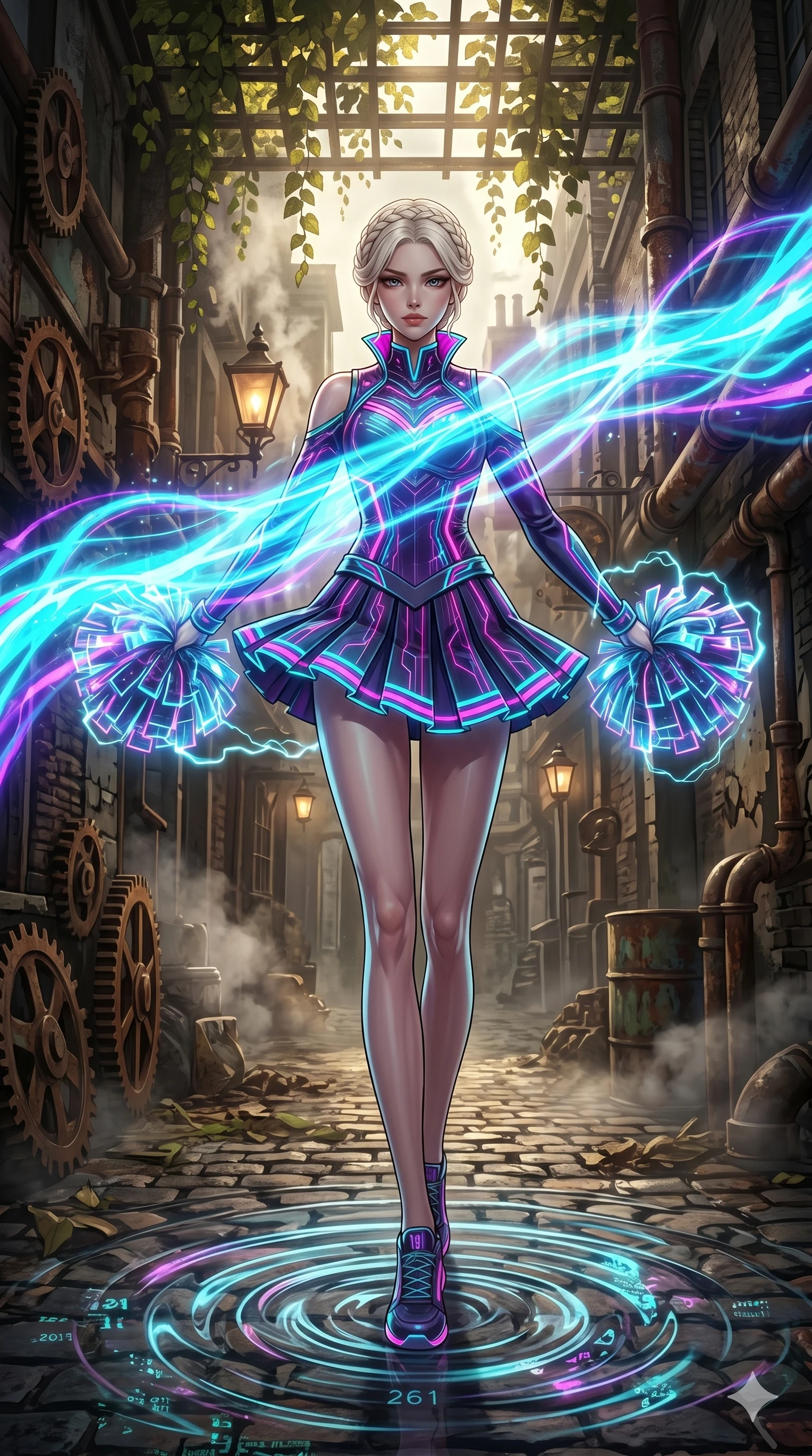 score_9, masterpiece, best quality, ultra-detailed, Set A: High-budget Anime Keyframe, Caucasian (human ears) woman. Low angle cowboy shot filling the entire 9:16 frame with her statuesque presence. Theme: Urban Decay. unleashing a massive energy wave in a steampunk London alleyway, as she steps on ripples of time that distort the space 261. The atmosphere is filled with cinematic sunlight through leaves. She has an absolutely perfect 8-heads proportion, an exceptionally tall and slender female figure with impossibly long slender legs and an ultra-slim waist. Sharp v-shaped jawline, high-bridge nose, intricate jewel-like eyes with depth, glossy lips. Wearing Cyber-punk cheerleader outfit with glowing pom-poms and a neon-trim pleated skirt. Cinematic lighting, vivid colors, dramatic shadows, 2k, ultra detail, master piece, 9:16 ratio