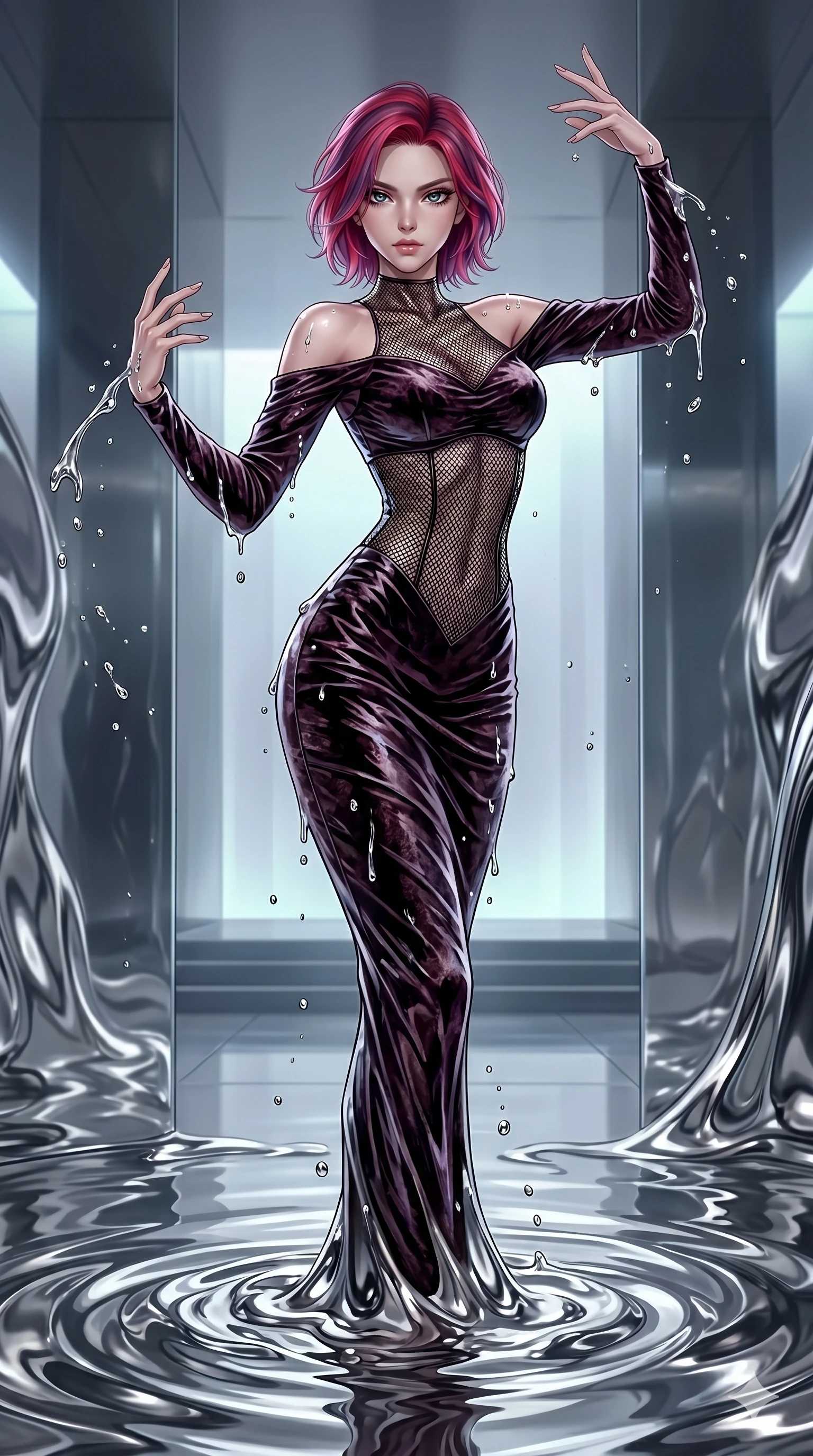 score_9, masterpiece, best quality, ultra-detailed, High-budget Anime Keyframe, East Asian woman. Dynamic full-body shot stretching the vertical silhouette to the limit. Scenario 244: Rising from a pool of mercury-like liquid, droplets rolling off her skin. Her presence is magnetic and overpowering in this high-budget anime scene. Outfit 244: A crushed dark velvet micro-mesh with a low-cut shoulder and tight-fitting silhouette. The clothing is designed to emphasize her exceptionally tall and slender 8-heads proportion. 8-heads proportion, towering silhouette, ultra-slim waist. sharp v-shaped jawline, intricate jewel-like eyes with depth, thick eyelashes, glossy lips. 2k, ultra detail, master piece, 9:16 ratio