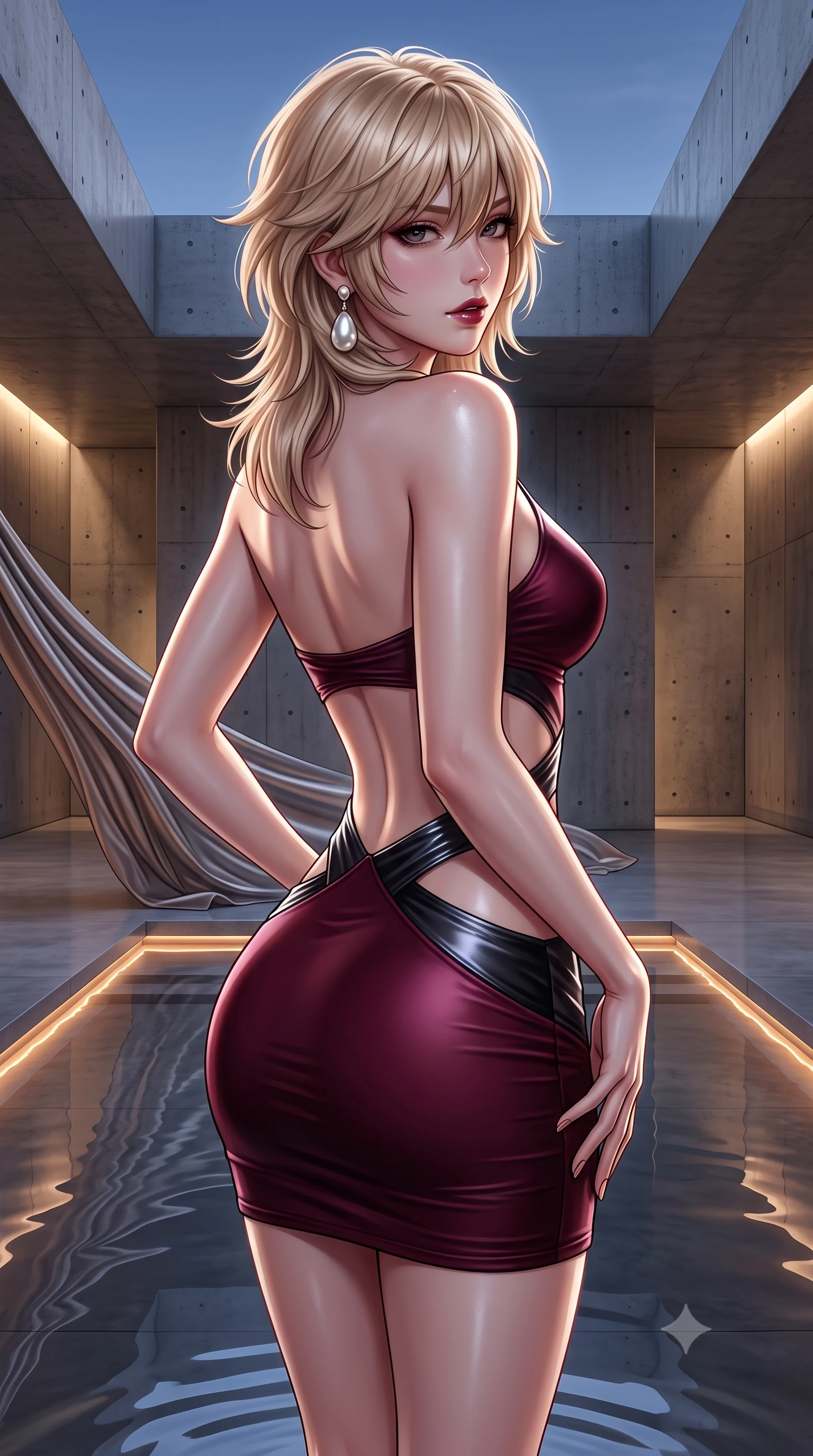score_9, masterpiece, best quality, ultra-detailed, high-budget anime keyframe, semi-realistic 3D game render, editorial fashion photography, tasteful artistic composition, Japanese woman. close-up cowboy shot from the waist and thighs up, the character dominates the composition, filling the frame with her large presence. posing in an alluring rear three-quarter angle, turning over a bare shoulder with an intoxicating, smoldering gaze, her hips cocked back to highlight her slim hourglass curve while standing poised in the center of the shallow reflection basin with hips cocked back, casting an ethereal, dangerous bedroom-gaze toward the camera. The surrounding environment is rendered in vivid detail and crisp panoramic clarity. detailed evening dress drape, moonlight sheen on skin, and modern brutalist-luxury chamber clarity in high resolution. She has an exceptionally elegant, slender, and willowy female figure with an ultra-slim waist, flat toned midriff, narrow ribcage, and sculpted feminine hips creating an alluring, slim hourglass silhouette without bulk. sharp v-shaped jawline, high-bridge nose, intricate jewel-like dark sparkling eyes with dangerous depth, thick curled eyelashes, glossy parted lips with a rich wine sheen, smoldering seductive half-smile with bedroom-eyes, exuding effortless superiority and intoxicating dark allure, flawlessly proportioned anatomical accuracy, strict slender model proportions, natural body alignment, perfectly sculpted long slender limbs, ultra-slim waistline, clean dynamic posture without body distortion. wearing a cut-out liquid silver mini dress with open-waist architecture emphasizing her hourglass curves in deep wine burgundy and lustrous obsidian, made of liquid-tight stretch jersey emphasizing every curve of her body, accented with a single dangling baroque pearl earring reflecting the amber glow, the glove-like silhouette tightly following the natural contour of her hips and long slender legs with youthful 8.5-heads elegance. illuminated by subtle underwater fiber-optic perimeter lights and crisp platinum rim lighting sharply carving her slim torso, narrow waist, and curvy hips. highly saturated vibrant anime colors, detailed shading with soft gradients, rich glossy textures, high-contrast stereoscopic depth, volumetric dynamic lighting, master piece, 9:16 ratio
