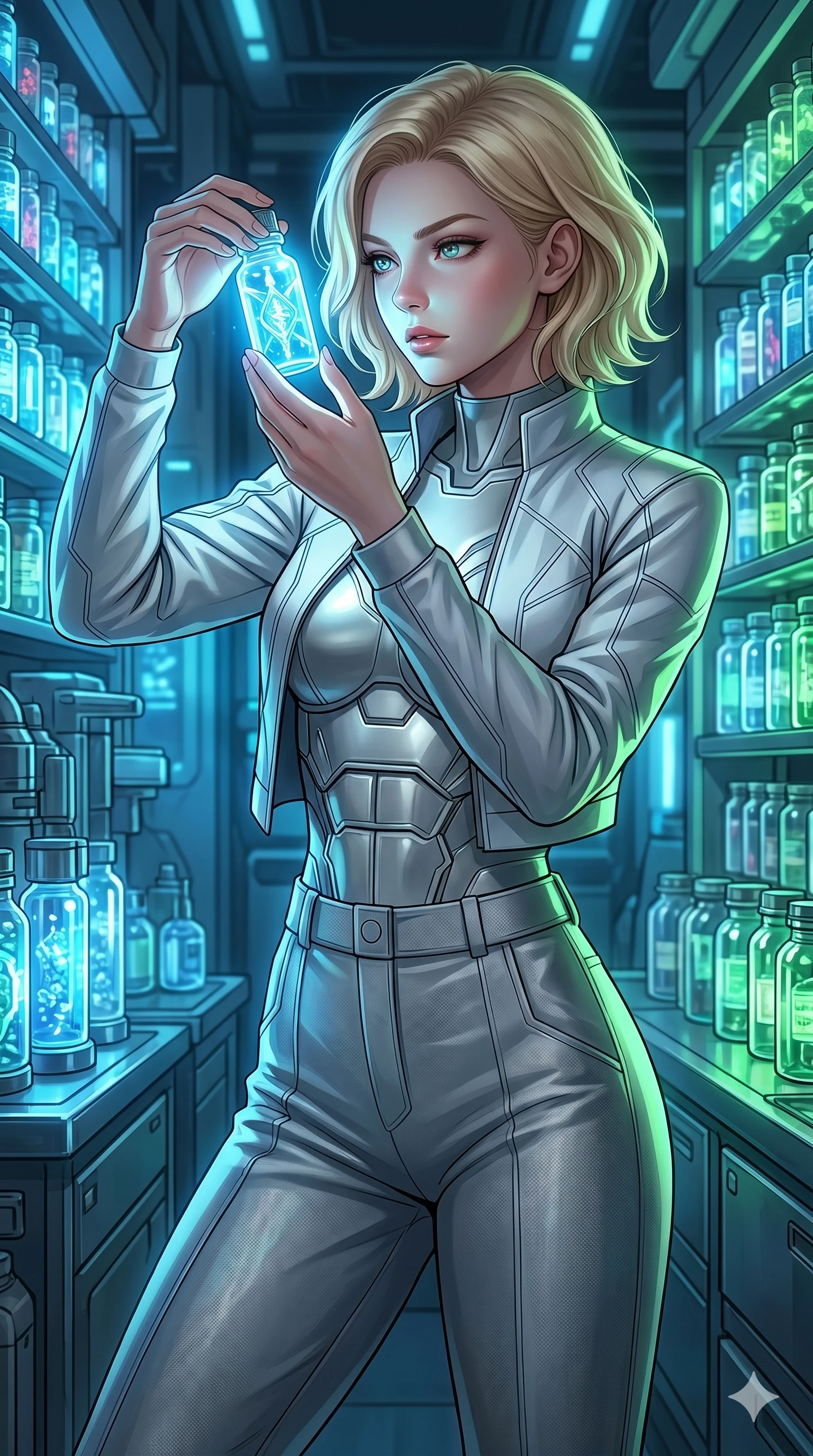 score_9, masterpiece, best quality, ultra-detailed, high-budget anime keyframe, editorial fashion photography, tasteful artistic composition, Caucasian woman, strictly human ears. Upper body close-up from the thighs up, character filling the screen for maximum presence. Inside a high-tech pharmacy filled with glowing vials, examining a glowing blue bottle with a curious, intense expression. She is wearing a sleek cropped lab jacket over a structured silver top and high-waisted pants. The scene is illuminated by the bright blue and green glow of the chemical vials. 2k, ultra detail, master piece, 9:16 ratio