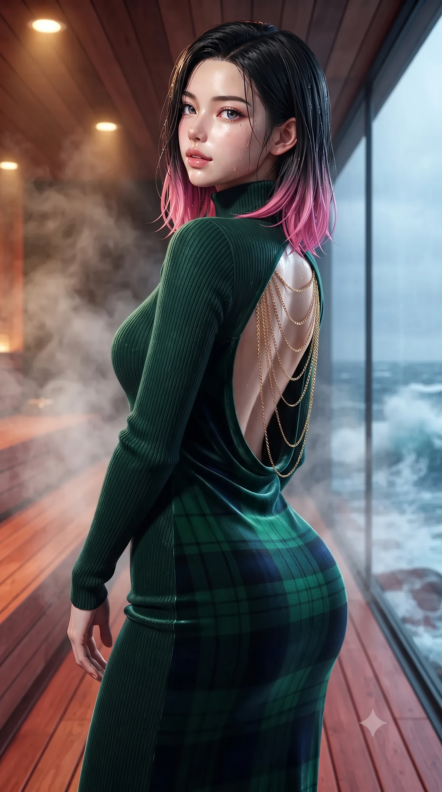 score_9, masterpiece, best quality, ultra-detailed, high-budget anime keyframe, editorial fashion photography, tasteful artistic composition, Korean woman. close-up cowboy shot from the waist and thighs up, the character dominates the composition, filling the frame with her large presence. posing in an alluring rear three-quarter angle, looking over a bare shoulder with parted glossy lips, her hips cocked back to highlight her slim hourglass curve while standing poised on the aromatic red cedar deck inside the cantilevered oceanfront sauna, arching her lower back with wet-look siren grace as Arctic swells crash below. The background shows a soft-focus swirling sauna steam on glass softened in world-renowned Nordic coastal wellness shallow focus. She has an exceptionally elegant, slender, and willowy female figure with an ultra-slim waist, flat toned midriff, narrow ribcage, and sculpted feminine hips creating an alluring, slim hourglass silhouette without bulk. sharp v-shaped jawline, high-bridge nose, intricate jewel-like sparkling eyes with depth, thick eyelashes, glossy parted lips with a natural peach sheen, bright cheerful beaming smile with an enchanting and coquettish sensual glint, exuding both youthful cute charm and seductive allure, flawlessly proportioned anatomical accuracy, strict slender model proportions, natural body alignment, perfectly sculpted long slender limbs, ultra-slim waistline, clean dynamic posture without body distortion. wearing an ultra-sleek French Normandy second-skin ribbed knit turtleneck midi dress hugging every millimeter of her hourglass frame in Balmoral royal tartan emerald and gilded brass, tailored from ultra-plush silk velvet with rich tactile depth and deep shadow gradients, accented with an open-back drape framed by falling strands of delicate gold chains, the impeccably tailored cut draping gracefully along her slender figure with aristocratic poise. bathed in warm 2200K interior sauna amber downlights contrasted with cool 5500K Arctic oceanic daylight through glass. ultra-reflective glossy finish, specular highlights, rich textural contrasts, high-contrast stereoscopic depth, volumetric dynamic lighting, 2k, ultra detail, master piece, 9:16 ratio