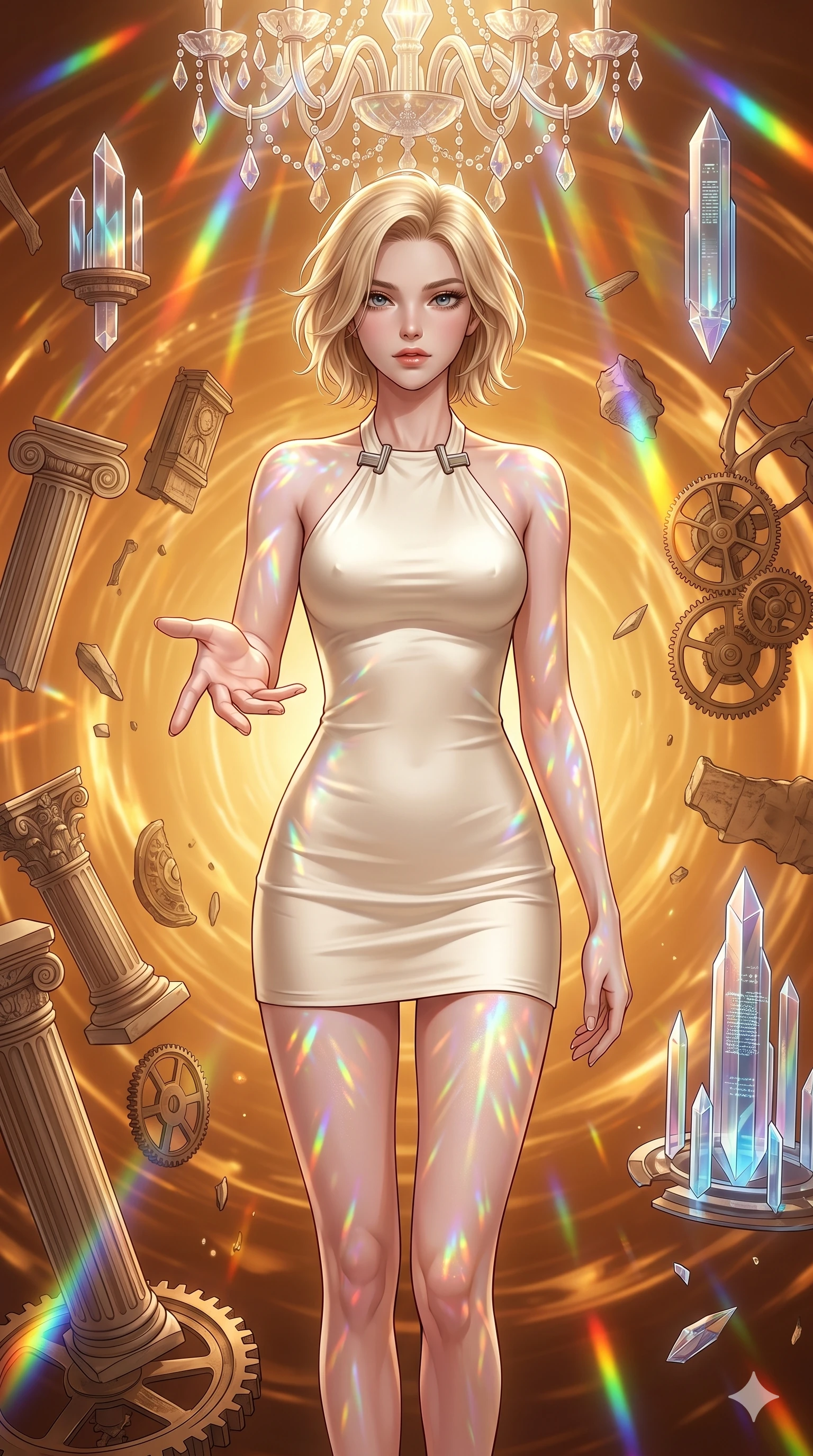 score_9, masterpiece, best quality, ultra-detailed, high-budget anime keyframe, editorial fashion photography, tasteful artistic composition, Caucasian woman, strictly human ears. cowboy shot from the thighs up, character and outfit filling the frame for maximum editorial presence. Reaching one hand toward the viewer with relaxed elegance within a temporal rift corridor of different eras suspended in amber light. She has an absolutely perfect 8-heads proportion, an exceptionally tall and slender female figure with impossibly long slender legs and an ultra-slim waist. V-shaped jawline, high-bridge nose, intricate jewel-like eyes with depth, thick eyelashes, glossy lips with a natural sheen. wearing an ultra-minimalist halter-neck mini dress in warm ivory stretch satin with a simple open-back, architectural hardware at the neck, and a perfectly form-contouring body ending at upper-thigh. illuminated by cascading rainbow prismatic light refracting through crystal overhead and casting patterns on her skin. 2k, ultra detail, master piece, 9:16 ratio