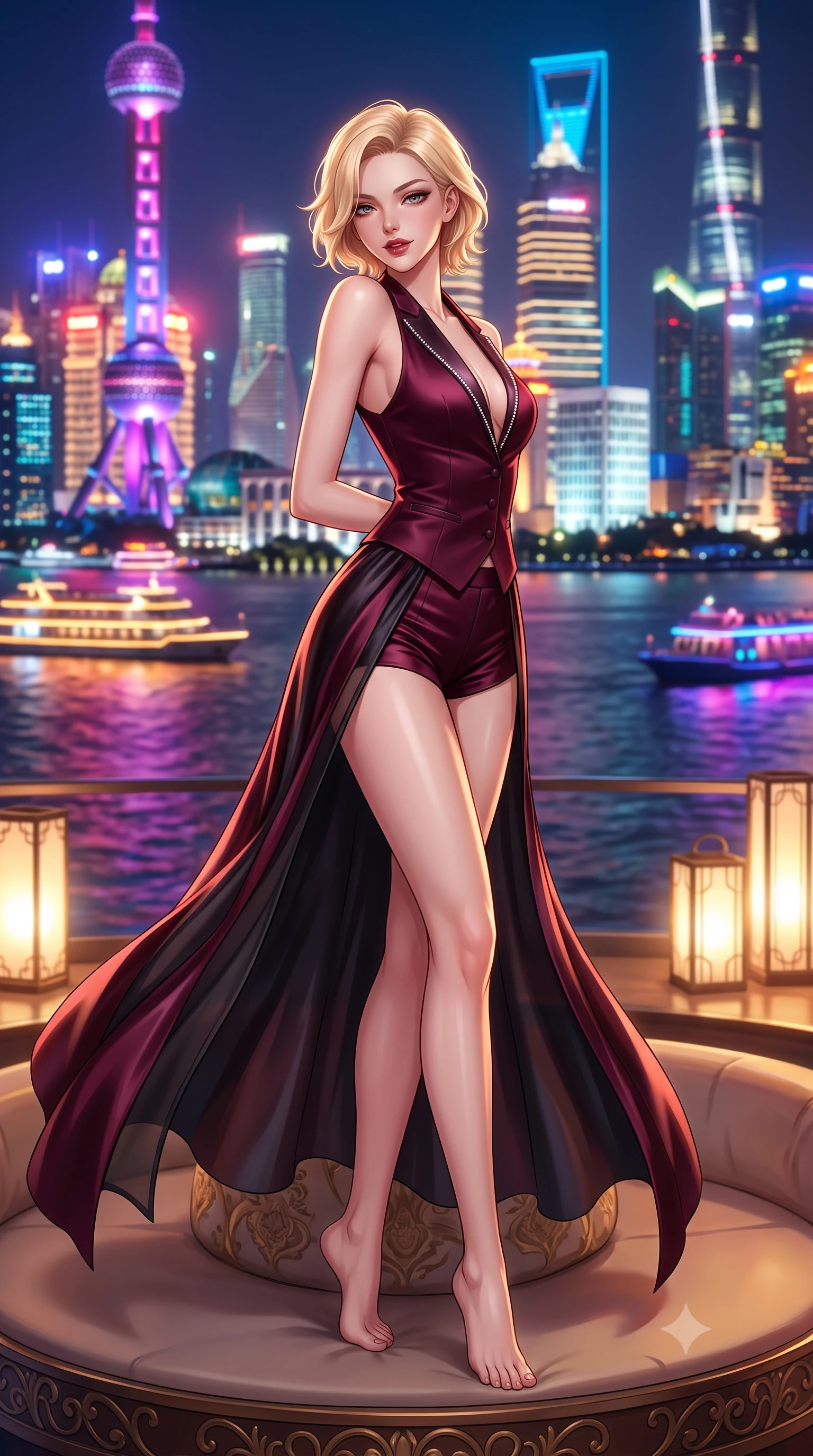 score_9, masterpiece, best quality, ultra-detailed, high-budget anime keyframe, semi-realistic 3D game render, editorial fashion photography, tasteful artistic composition, Caucasian woman. low angle full-body shot from head to toe showing her feet, filling the entire 9:16 vertical frame with her statuesque presence, stretching her vertical silhouette. executing a slow, elegant turn as her liquid gown flutters around her slender legs, glancing over her shoulder with an intoxicating, seductive bedroom-gaze while lounging gracefully on a circular low banquette propped on one elbow, her radiant dark allure commanding the frame against the futuristic neon towers. The composition keeps background elements in soft focus with dreamy creamy bokeh. slow-moving illuminated river barges and art deco terrace lanterns softened in glamorous Shanghai shallow focus. She has an exceptionally tall and slender model-like 8.5-heads proportion, an ultra-slim waist, a flat toned midriff, narrow delicate ribcage, and beautifully sculpted feminine hips creating a graceful, slim hourglass silhouette without any bulky heaviness, with impossibly long slender legs. sharp v-shaped jawline, high-bridge nose, intricate jewel-like dark sparkling eyes with dangerous depth, thick curled eyelashes, glossy parted lips with a rich wine sheen, smoldering seductive half-smile with bedroom-eyes, exuding effortless superiority and intoxicating dark allure, flawlessly proportioned anatomical accuracy, strict slender model proportions, natural body alignment, perfectly sculpted long slender limbs, ultra-slim waistline, clean dynamic posture without body distortion. wearing a tailored satin tuxedo vest worn closed against bare skin with high-cut tailored satin hot-pants in deep wine burgundy and lustrous obsidian, made of semi-opaque dark contouring mesh clinging like a second skin, finished with subtle crystal rhinestones lining the plunging neckline, the form-fitting cut adhering flawlessly to her sculpted flat midriff and slender torso, emphasizing her long leg lines and perfectly proportioned willowy build. bathed in dramatic neon riverfront ambient bounce and warm terrace candle highlights. highly saturated vibrant anime colors, detailed shading with soft gradients, rich glossy textures, high-contrast stereoscopic depth, volumetric dynamic lighting, master piece, 9:16 ratio