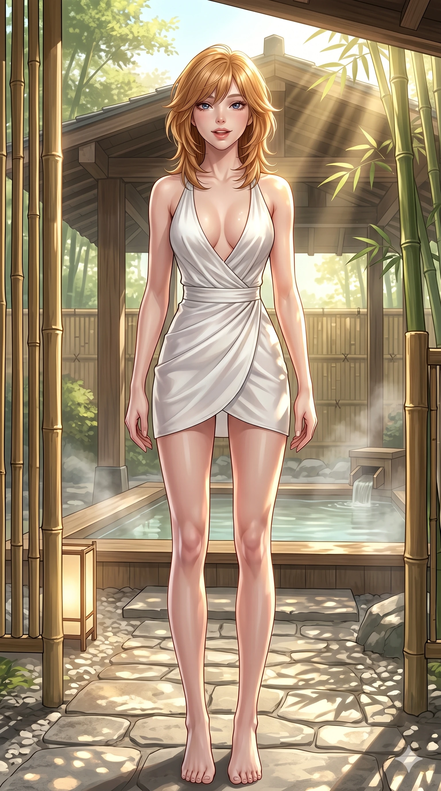 score_9, masterpiece, best quality, ultra-detailed, high-budget anime keyframe, editorial fashion photography, tasteful artistic composition, Korean woman. cowboy shot from the thighs up, character and outfit filling the frame for maximum editorial presence. tilting her head back slightly with a playful, teasing smile, her lips parted with a sultry charm in a private hot spring pavilion with warm sunlight filtering through bamboo partitions (Code-P064). She has an absolutely perfect 8-heads proportion, an exceptionally tall and slender female figure with impossibly long slender legs and an ultra-slim waist. V-shaped jawline, high-bridge nose, intricate jewel-like eyes with depth, thick eyelashes, glossy lips with a natural sheen. wearing a micro-length white silk wrap dress with a plunging neck and a scooped open back to the base of the spine. drenched in bright midday sunbeams, casting sharp warm highlights that outline her slender waist and long legs. 2k, ultra detail, master piece, 9:16 ratio