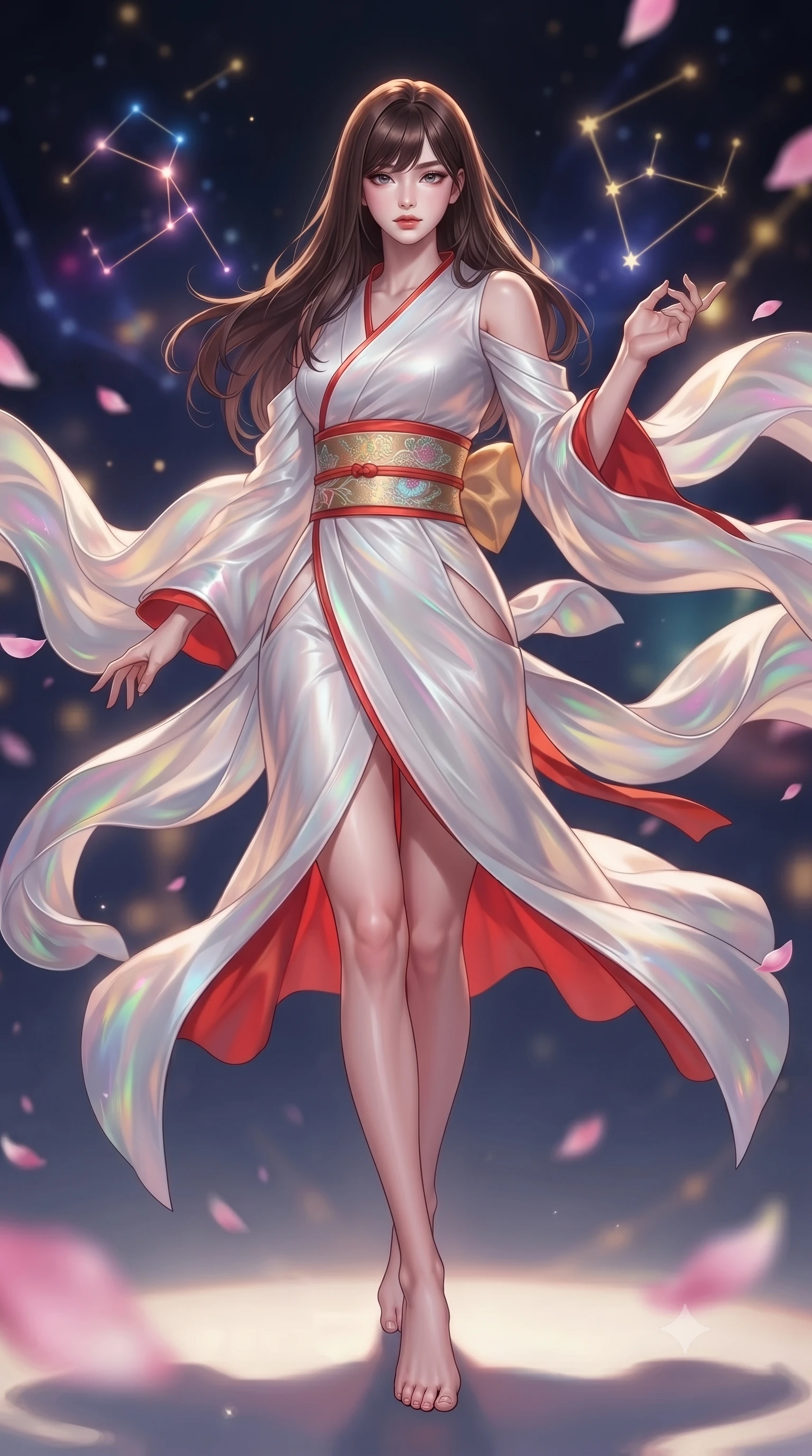 score_9, masterpiece, best quality, ultra-detailed, high-budget anime keyframe, editorial fashion photography, tasteful artistic composition, Korean woman. low angle full-body shot from head to toe showing her feet, filling the entire 9:16 vertical frame with her statuesque presence, stretching her vertical silhouette. striding forward in a proud, dynamic supermodel runway stride, her statuesque vertical silhouette commanding the entire frame while executing a slow zero-gravity spiral turn as iridescent organza drapes swirl around her statuesque silhouette. The composition keeps background elements in soft focus with creamy bokeh. floating holographic constellations and drifting pink lotus petals blurred into celestial indigo, gold, and magenta bokeh. She has an absolutely perfect, statuesque 8.5-heads proportion, an exceptionally tall and slender model-like female figure with impossibly long slender legs, a toned flat midriff, and an ultra-slim waist. sharp v-shaped jawline, high-bridge nose, intricate jewel-like eyes with depth, thick eyelashes, glossy lips with a natural sheen, captivating and magnetic expression, flawlessly proportioned anatomical accuracy, strict slender model proportions, natural body alignment, perfectly sculpted long slender limbs, ultra-slim waistline, clean dynamic posture without body distortion. wearing a traditional-modern silk fusion wrap dress with asymmetric trailing sleeves and waist-cinching obi in pure snow white and vermilion red, crafted from weightless prism organza that refracts light with every motion, complemented by a wide metallic gold obi sash with holographic floral embroidery, the precision-cut daring openings accentuating her delicate midriff, graceful bare collarbones, and ultra-slim feminine waistline. surrounded by an immortal, transcendent, and breathtakingly majestic cosmos empress aura. ultra-reflective glossy finish, specular highlights, rich textural contrasts, high-contrast stereoscopic depth, volumetric dynamic lighting, 2k, ultra detail, master piece, 9:16 ratio