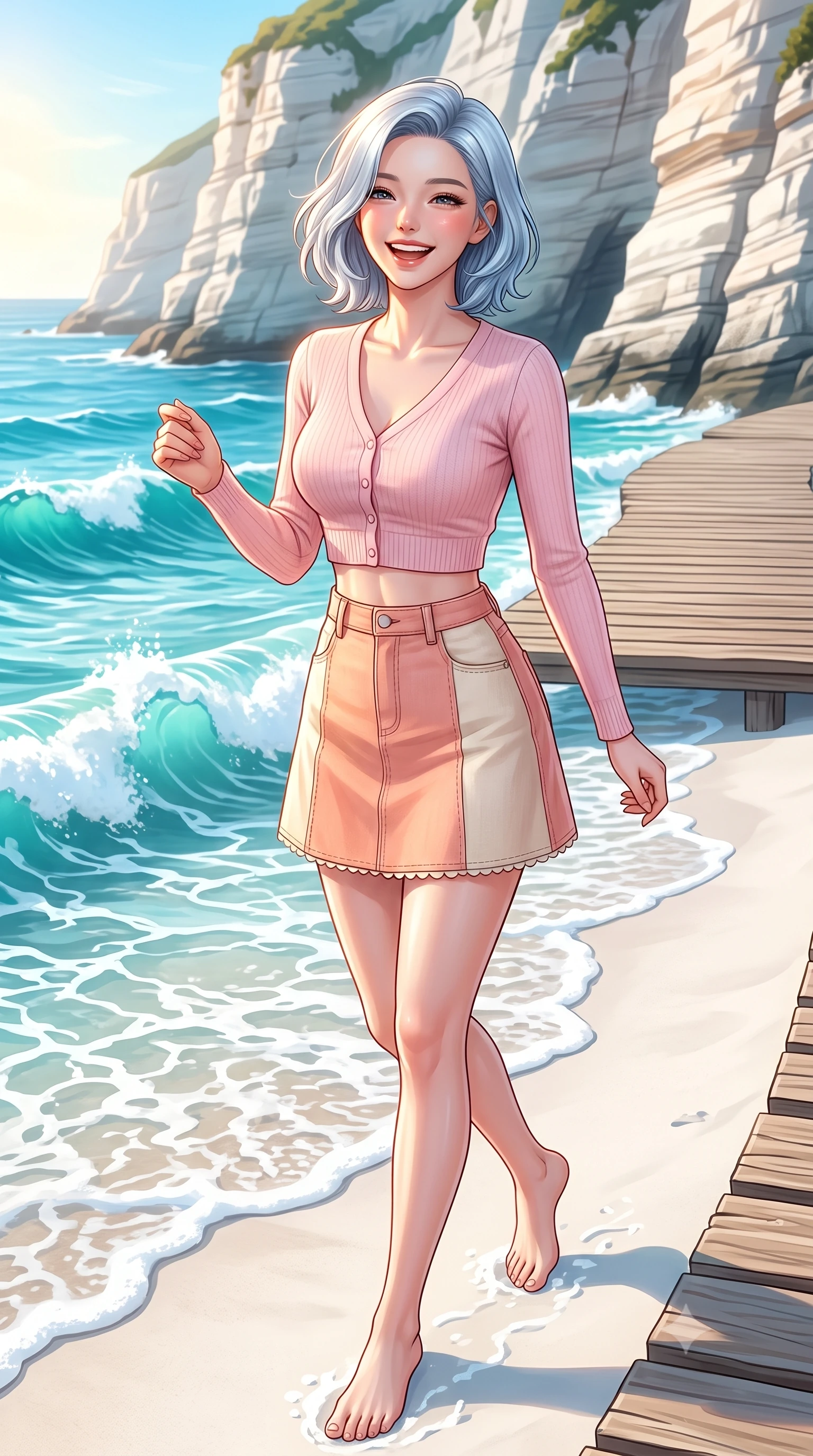 score_9, masterpiece, best quality, ultra-detailed, high-budget anime keyframe, semi-realistic 3D game render, editorial fashion photography, tasteful artistic composition, Korean woman. close-up cowboy shot from the waist and thighs up, the character dominates the composition, filling the frame with her large presence. laughing cheerfully with genuine delight, eyes crinkling sweetly as natural golden sunlight illuminates her glowing cheeks while stepping barefoot along a pristine white sandy cove as gentle crystalline seafoam laps at the shoreline. The surrounding environment is rendered in vivid detail and crisp panoramic clarity. crisp turquoise seafoam crests, dramatic white cliff strata, and wooden coastal walkway planks in sharp focus. She has an exceptionally elegant, slender, and willowy female figure with an ultra-slim waist, a gracefully sculpted slender torso, toned flat midriff, and a refined slim silhouette. sharp v-shaped jawline, high-bridge nose, intricate jewel-like eyes with depth, thick eyelashes, glossy lips with a natural sheen, pure and lovely fresh girlhood expression, flawlessly proportioned anatomical accuracy, strict slender model proportions, natural body alignment, perfectly sculpted long slender limbs, ultra-slim waistline, clean dynamic posture without body distortion. wearing a lovely baby-pink cropped knit cardigan paired with a high-waisted denim A-line mini skirt in warm peach blossom pink and champagne ivory, crafted from soft breathable linen that flutters gently in the breeze, finished with delicate scallop trims and tiny pearl buttons, the body-hugging lightweight knit clinging delicately to her slender torso, accentuating her graceful neck and feminine lines. bathed in brilliant coastal summer sunshine and turquoise ocean water ambient bounce. highly saturated vibrant anime colors, detailed shading with soft gradients, rich glossy textures, high-contrast stereoscopic depth, volumetric dynamic lighting, master piece, 9:16 ratio