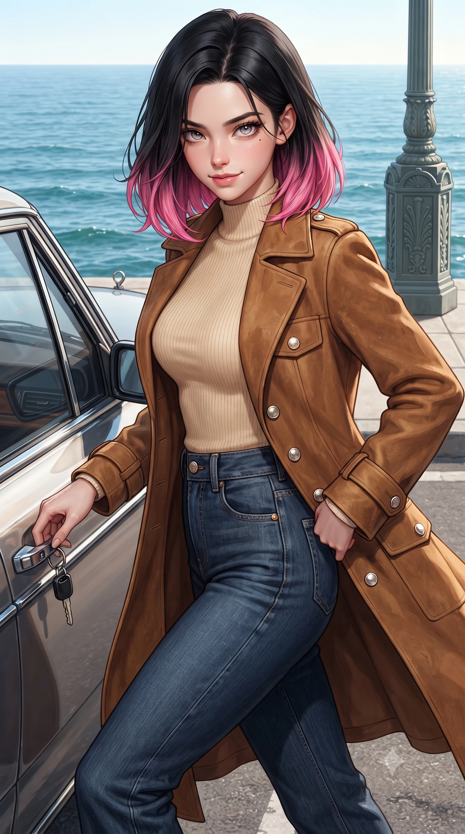 score_9, masterpiece, best quality, ultra-detailed, high-budget anime keyframe, editorial fashion photography, tasteful artistic composition, Korean woman. close-up cowboy shot from the waist and thighs up, the character dominates the composition, filling the frame with her large presence. radiating intense magnetic charisma with jewel-like eyes locked onto the viewer, her upper body turning in a dynamic, fluid S-curve while pivoting dynamically beside the car door with keys swinging from her finger and a confident, carefree retro smile. The surrounding environment is rendered in vivid detail and crisp panoramic clarity. detailed ocean water surface textures, art-deco lamp post reliefs, and asphalt grain in high resolution. She has an exceptionally elegant, slender, and willowy female figure with an ultra-slim waist, a gracefully sculpted slender torso, toned flat midriff, and a refined slim silhouette. sharp v-shaped jawline, high-bridge nose, intricate jewel-like eyes with depth, thick eyelashes, glossy lips with a natural sheen, captivating and magnetic expression, flawlessly proportioned anatomical accuracy, strict slender model proportions, natural body alignment, perfectly sculpted long slender limbs, ultra-slim waistline, clean dynamic posture without body distortion. wearing a stylish retro suede trench coat over a fitted mock-neck knit top and high-waist tailored slacks in vintage camel brown and washed indigo denim, tailored from fine British wool tweed and comfortable stretch cotton, finished with polished mother-of-pearl buttons and tailored flap pockets, the sleek tailored cut tightly hugging her graceful clavicle, narrow waist, and feminine curves with statuesque precision. illuminated by crisp metallic reflections tracing her ultra-slim waistline, collarbones, and long legs. ultra-reflective glossy finish, specular highlights, rich textural contrasts, high-contrast stereoscopic depth, volumetric dynamic lighting, 2k, ultra detail, master piece, 9:16 ratio
